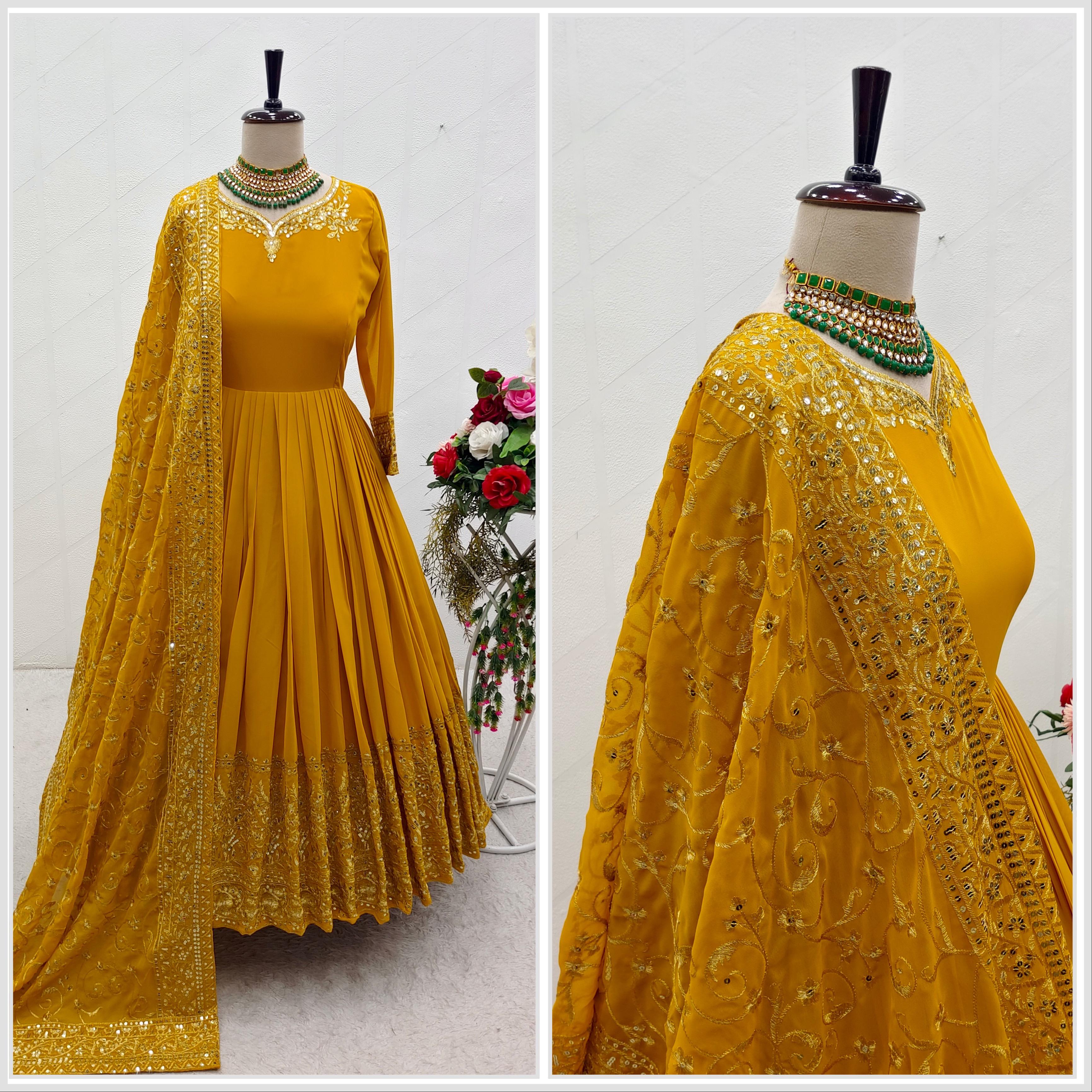 Captivating Sequence Embroidery Work Yellow Color Gown