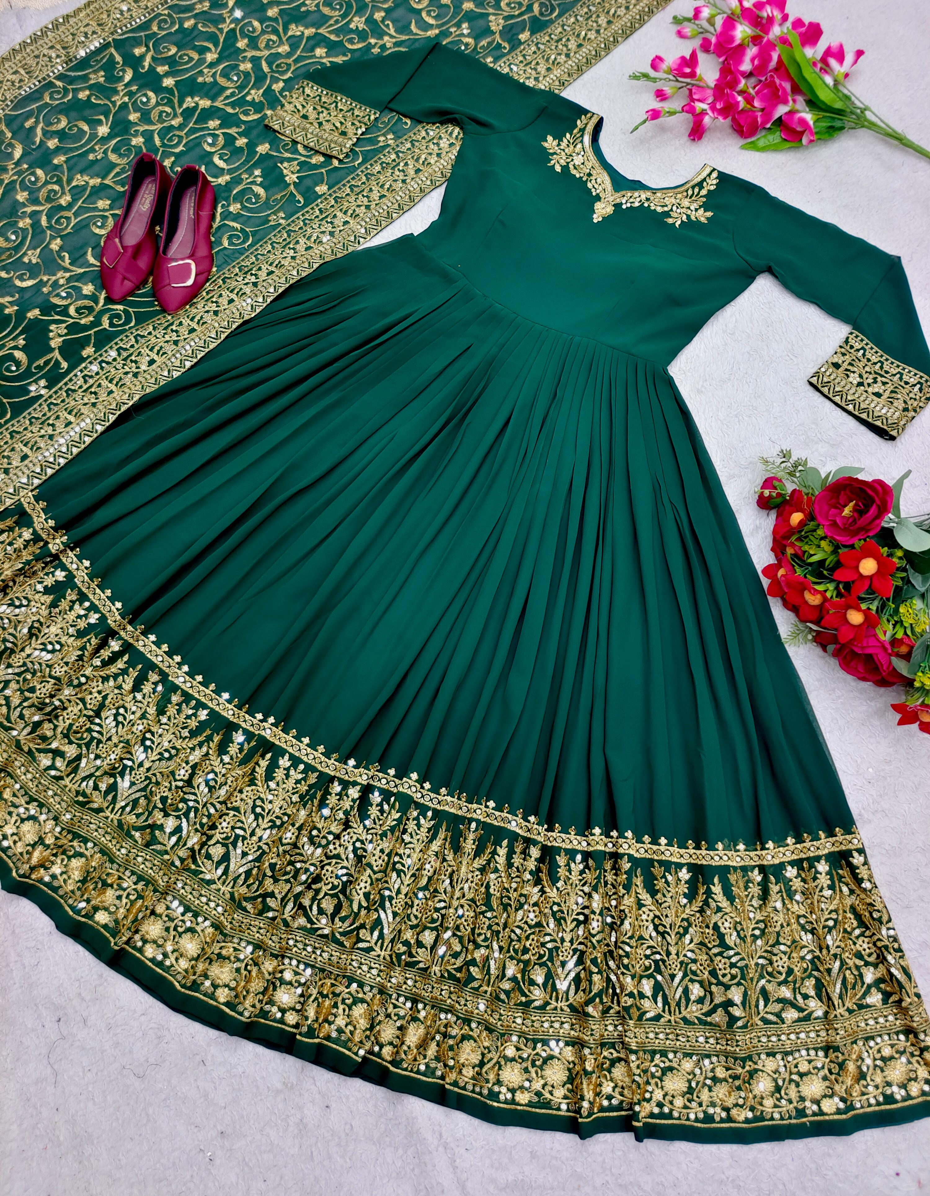 Captivating Sequence Embroidery Work Green Color Gown