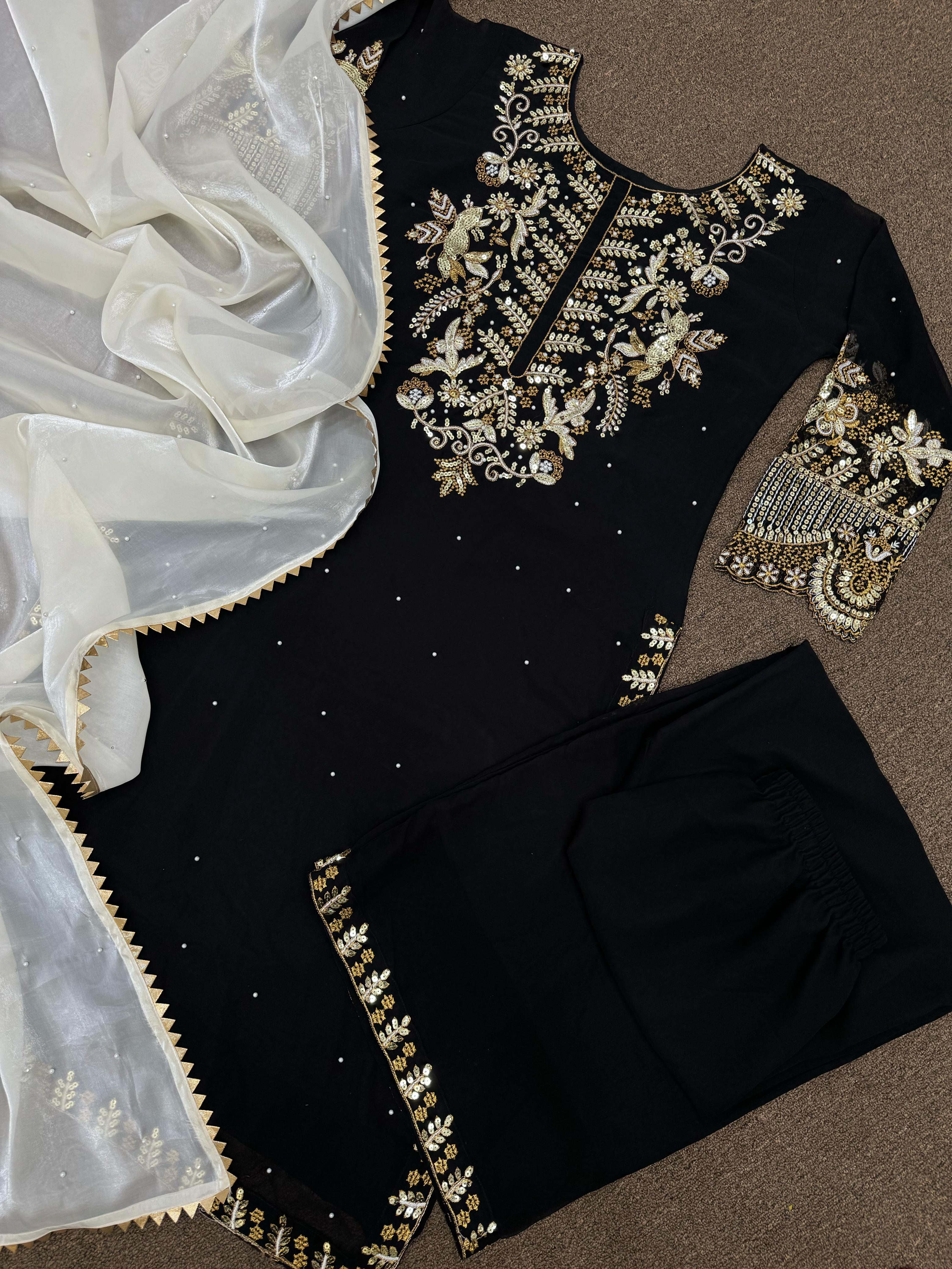 Embellished Embroidery Sequence Work Black Color Suit