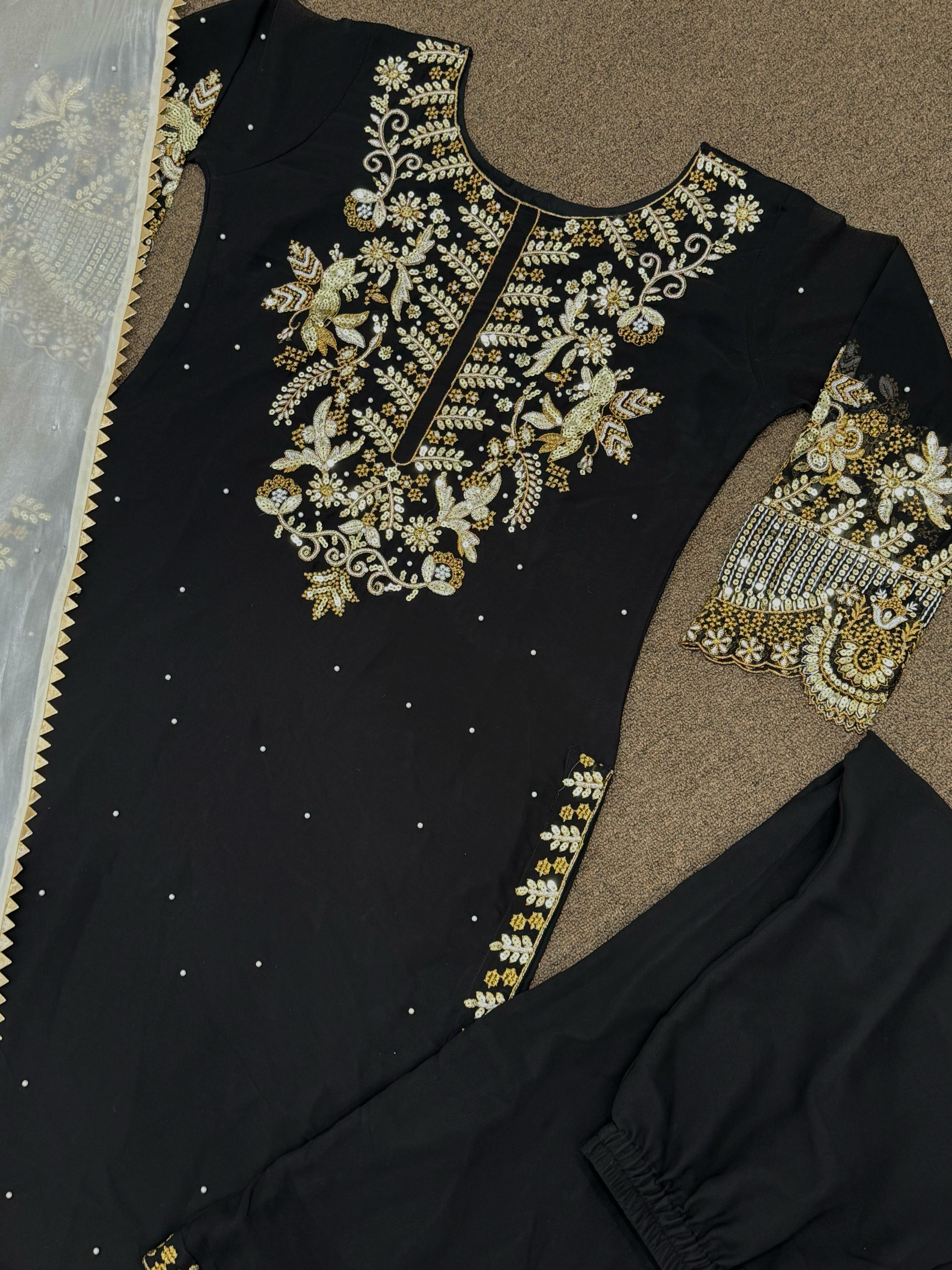 Embellished Embroidery Sequence Work Black Color Suit