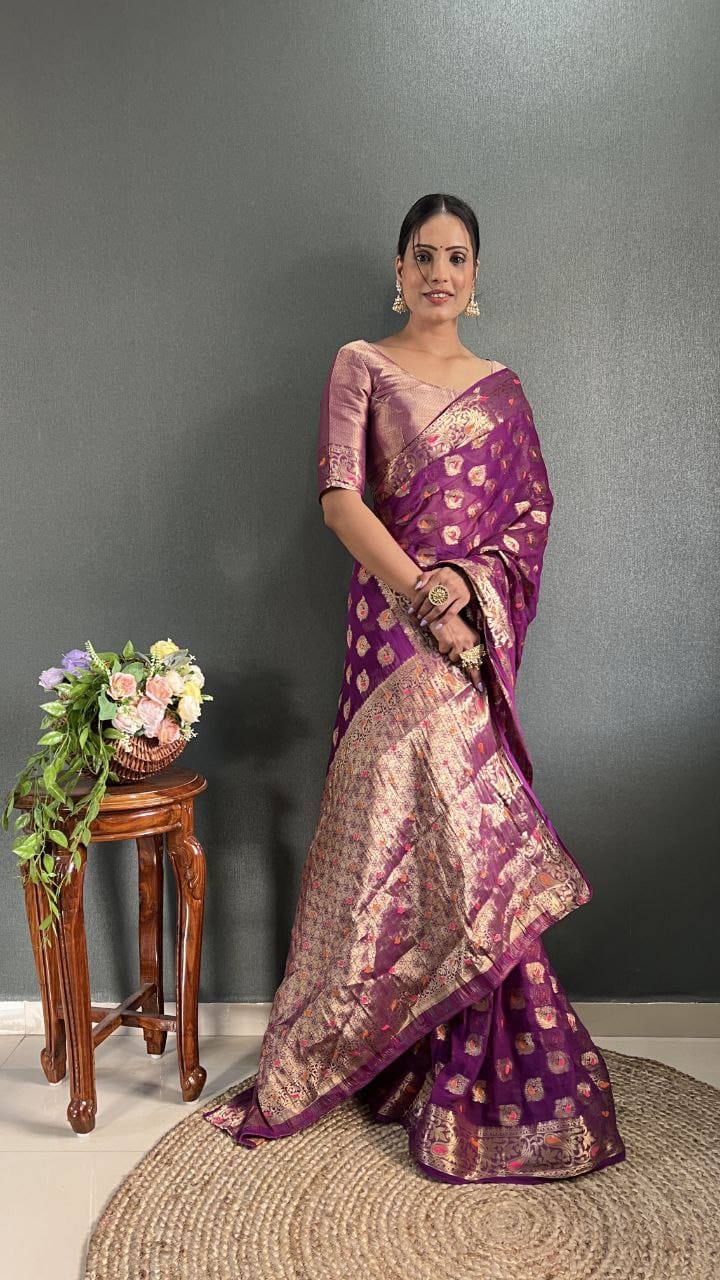 Party Wear Purple Color Ready To Wear Saree