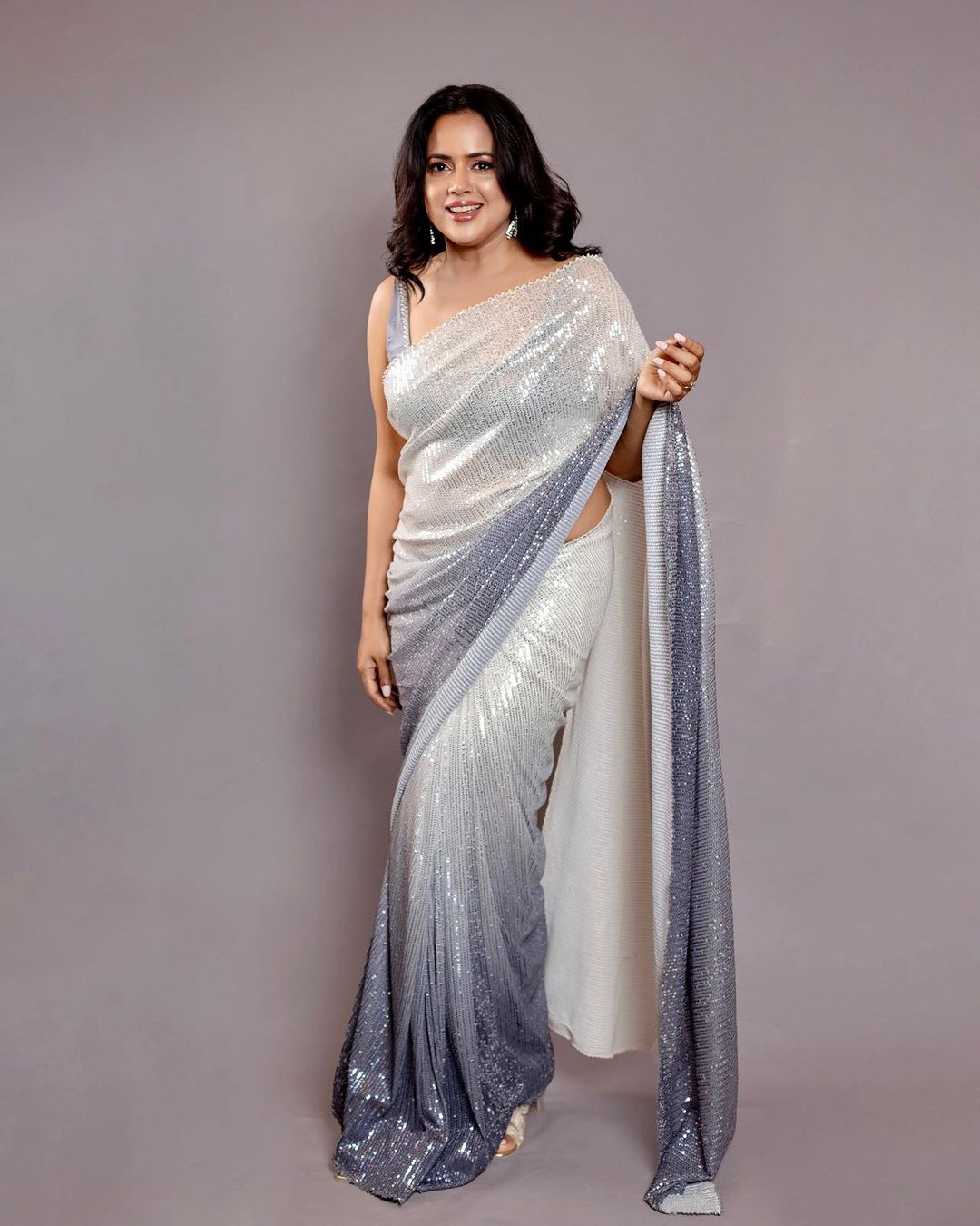 Eyes Catching Sequins Embroidery Work White Color Saree