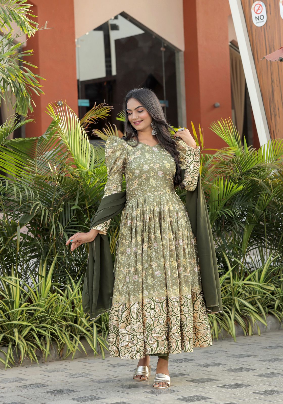 Flattering  Sequence Embroidery Work Green Color Gown