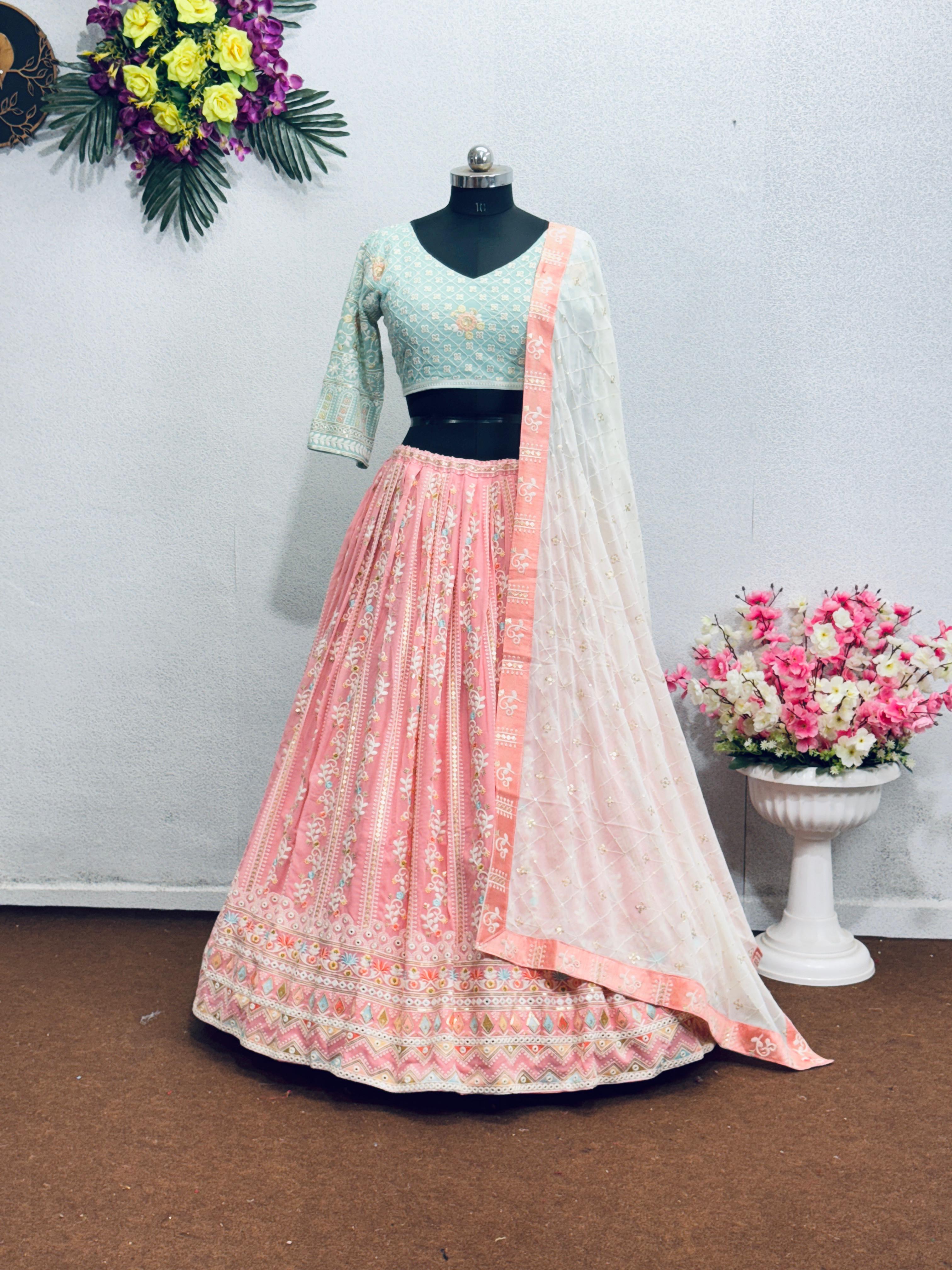 Outstanding  Embroidery Work Pink Color Lehenga Choli