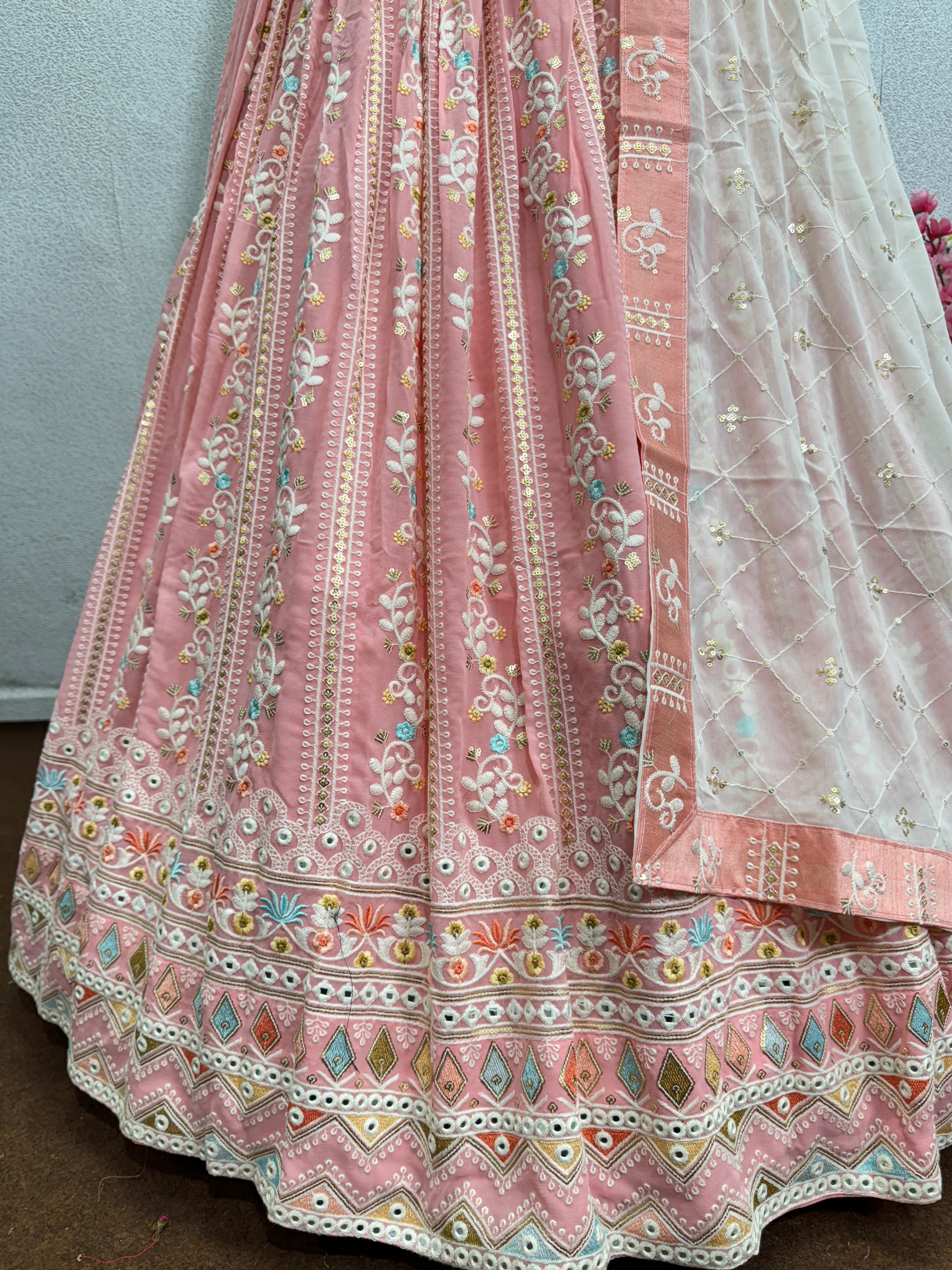 Outstanding  Embroidery Work Pink Color Lehenga Choli