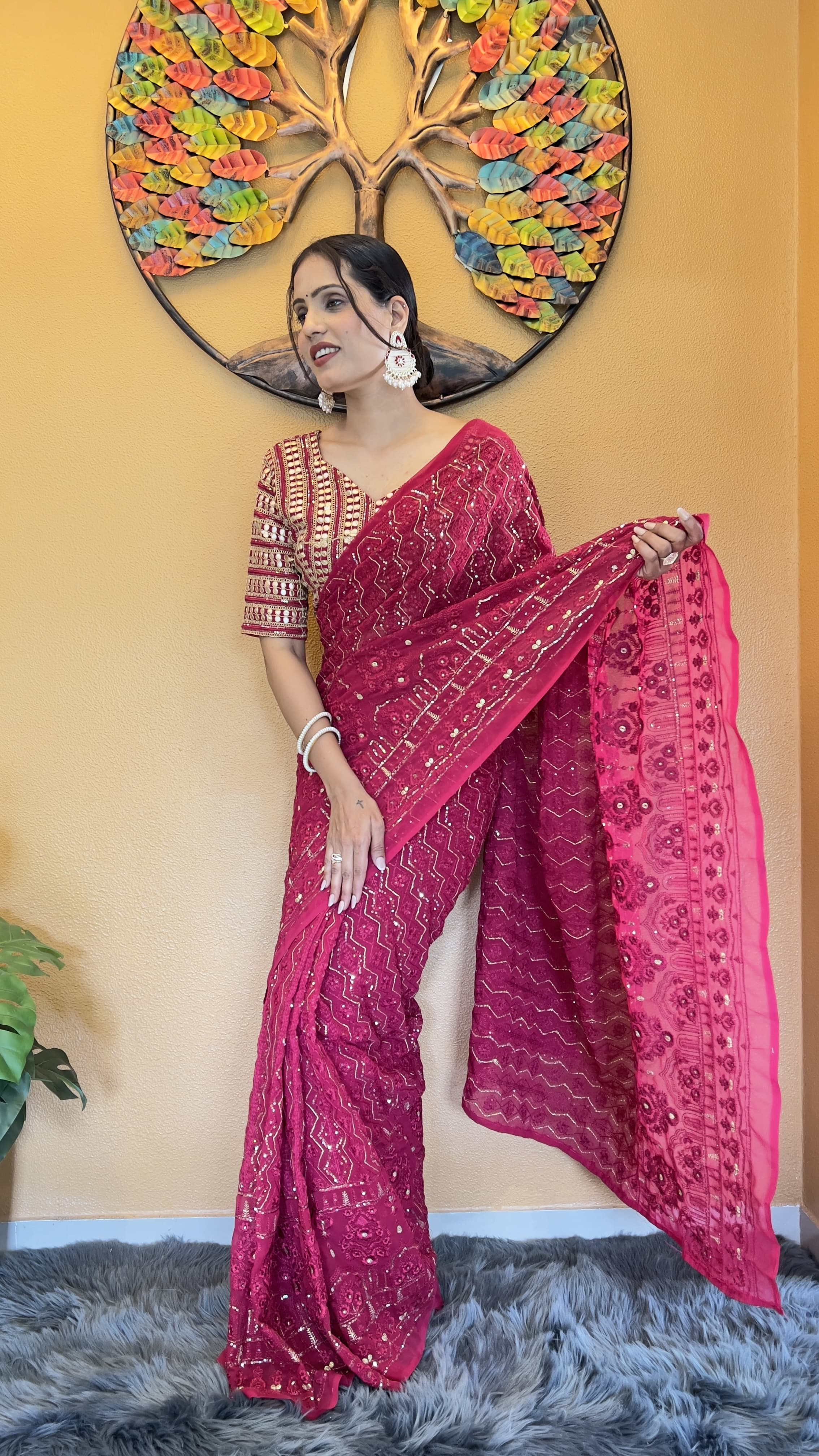 Mesmerizing Sequins Work Pink Color Saree