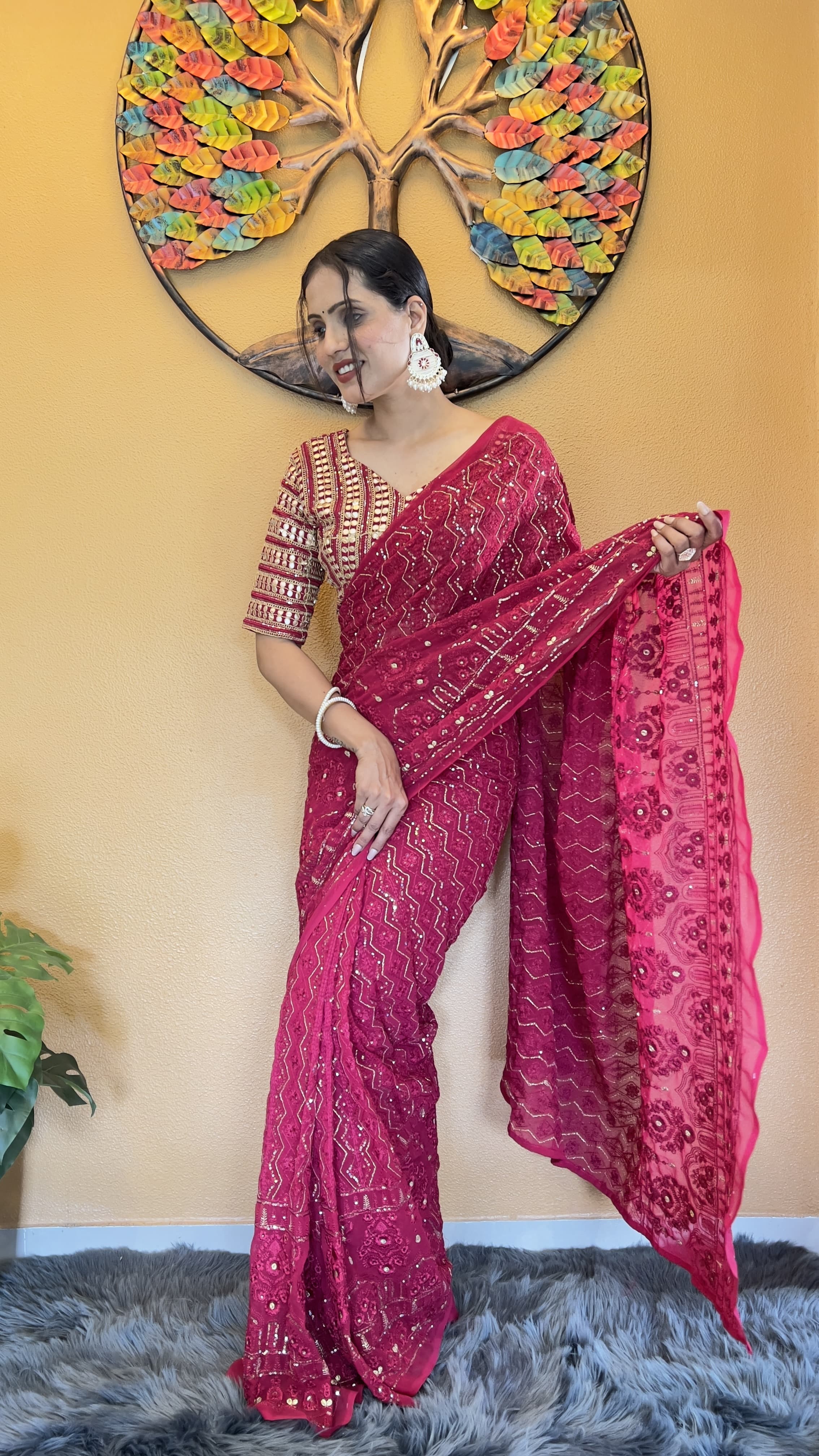 Mesmerizing Sequins Work Pink Color Saree