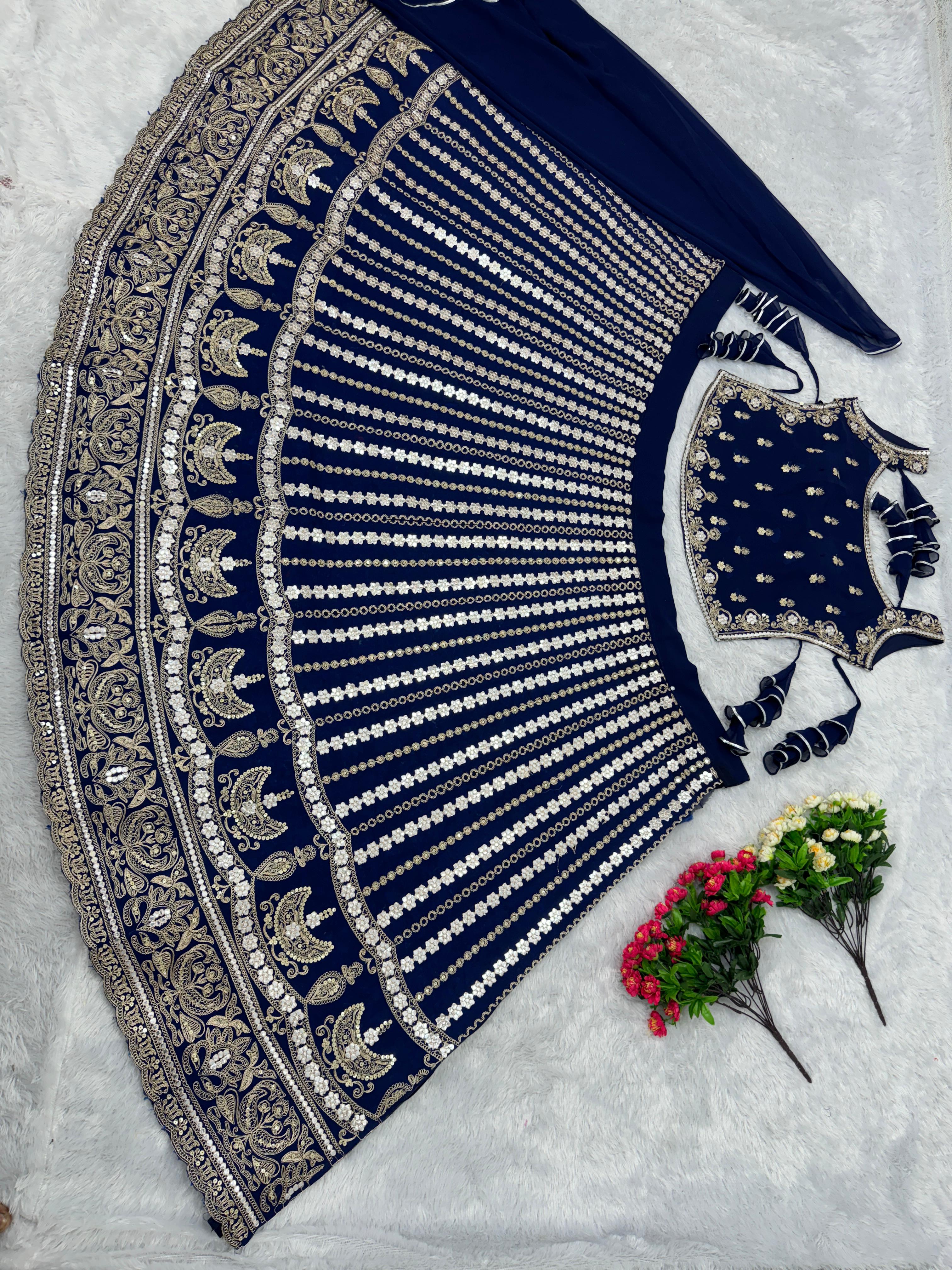 Presenting Embroidery Work Blue Color Lehenga Choli