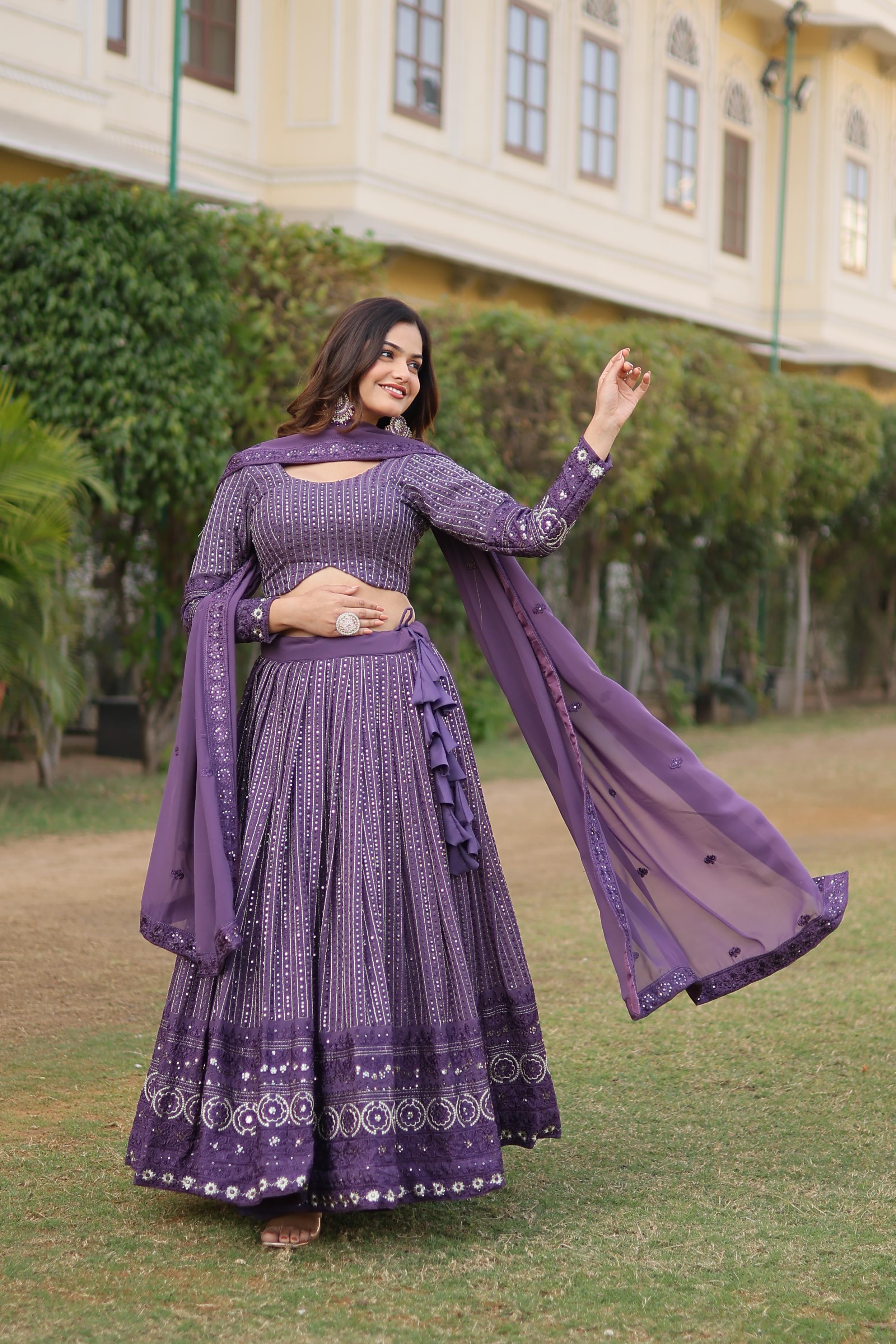 Flattering  Sequins Embroidered Work Purple Color Lehenga Choli