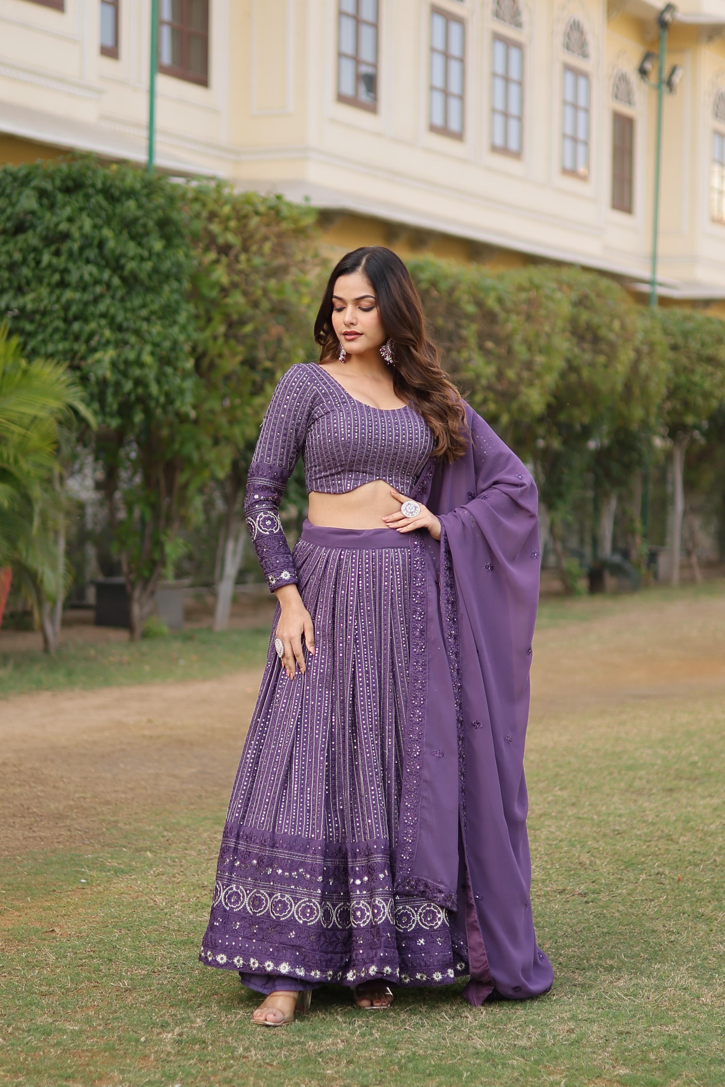 Flattering  Sequins Embroidered Work Purple Color Lehenga Choli