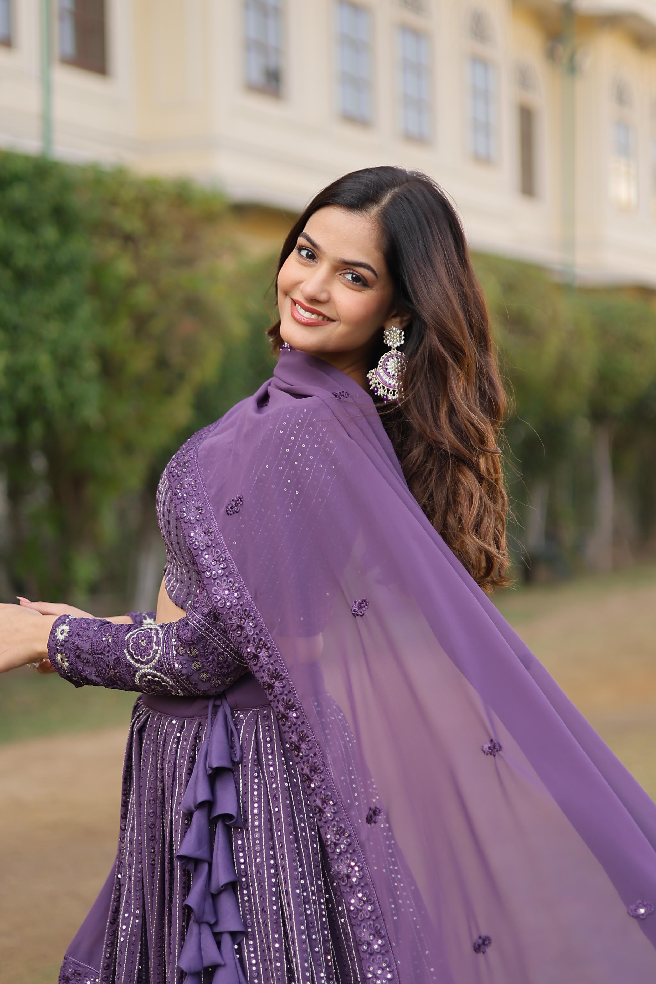 Flattering  Sequins Embroidered Work Purple Color Lehenga Choli