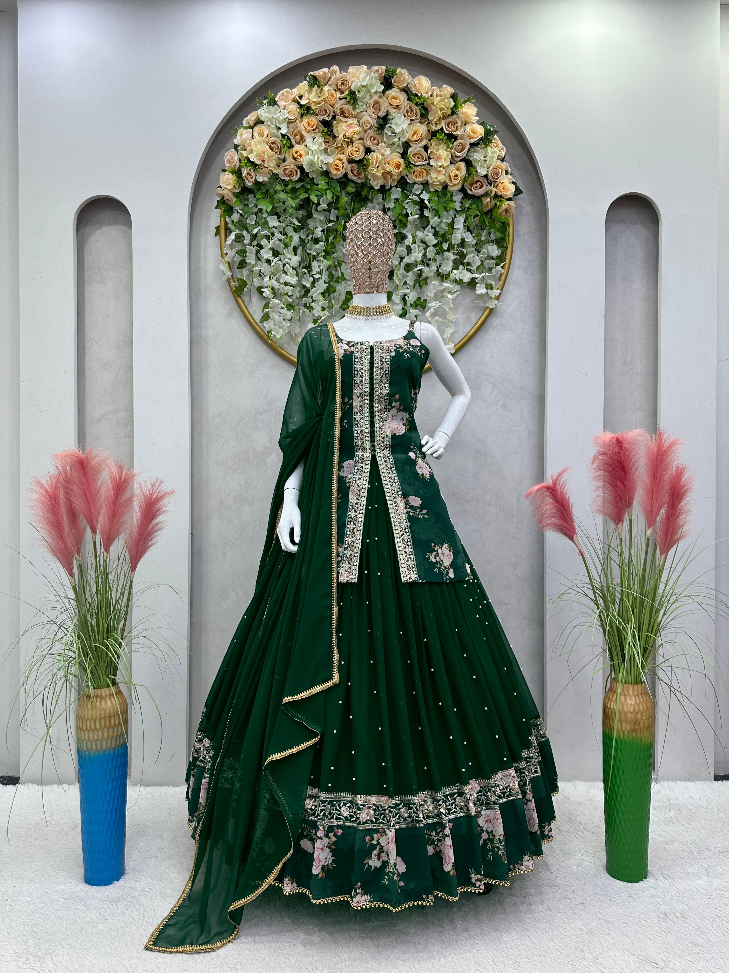 Beautiful Thread With Sequence Work Green Color Lehenga Choli