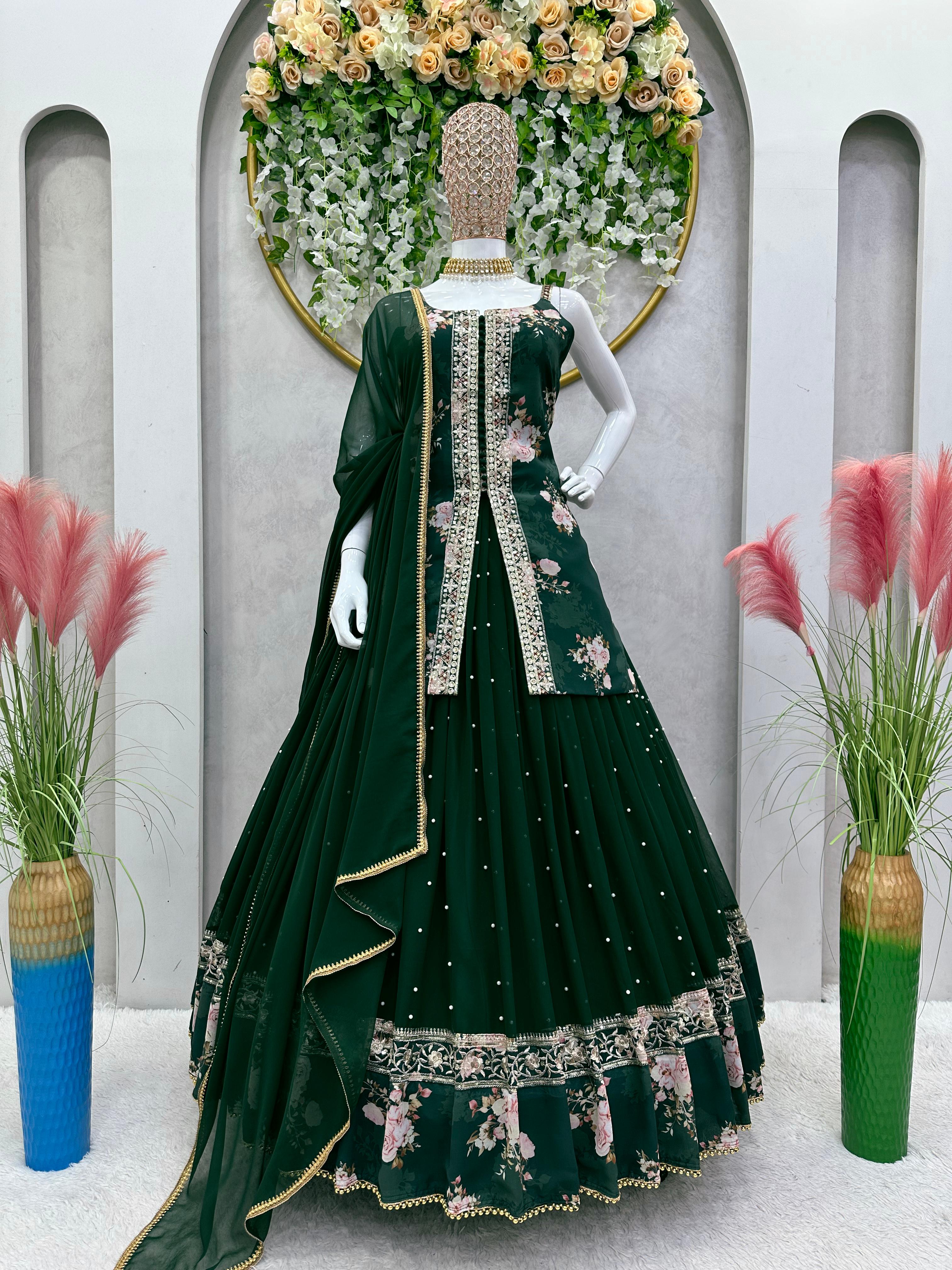 Beautiful Thread With Sequence Work Green Color Lehenga Choli