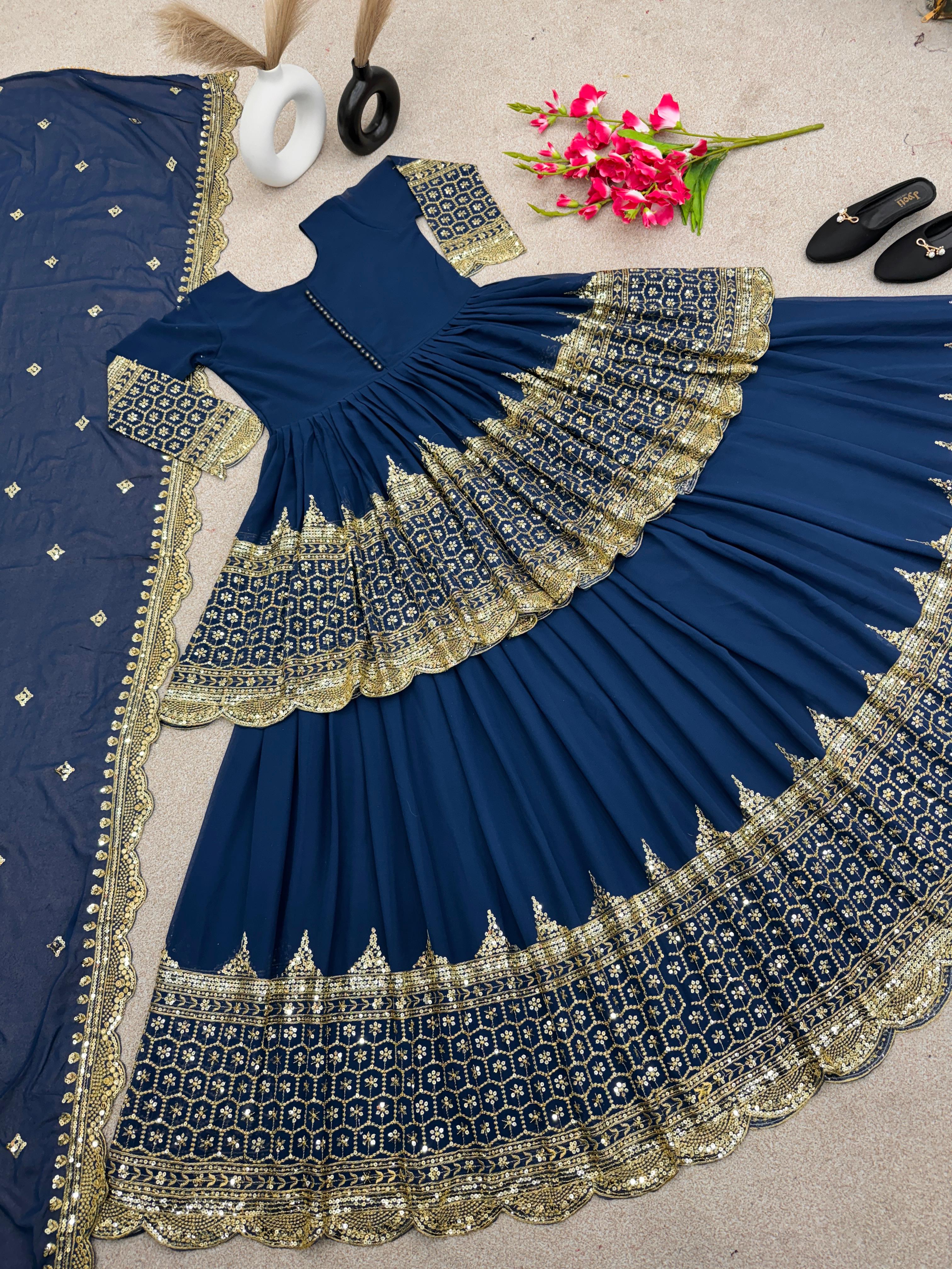 Mesmerizing Embroidery Sequence Work Blue Color Top With Lehenga