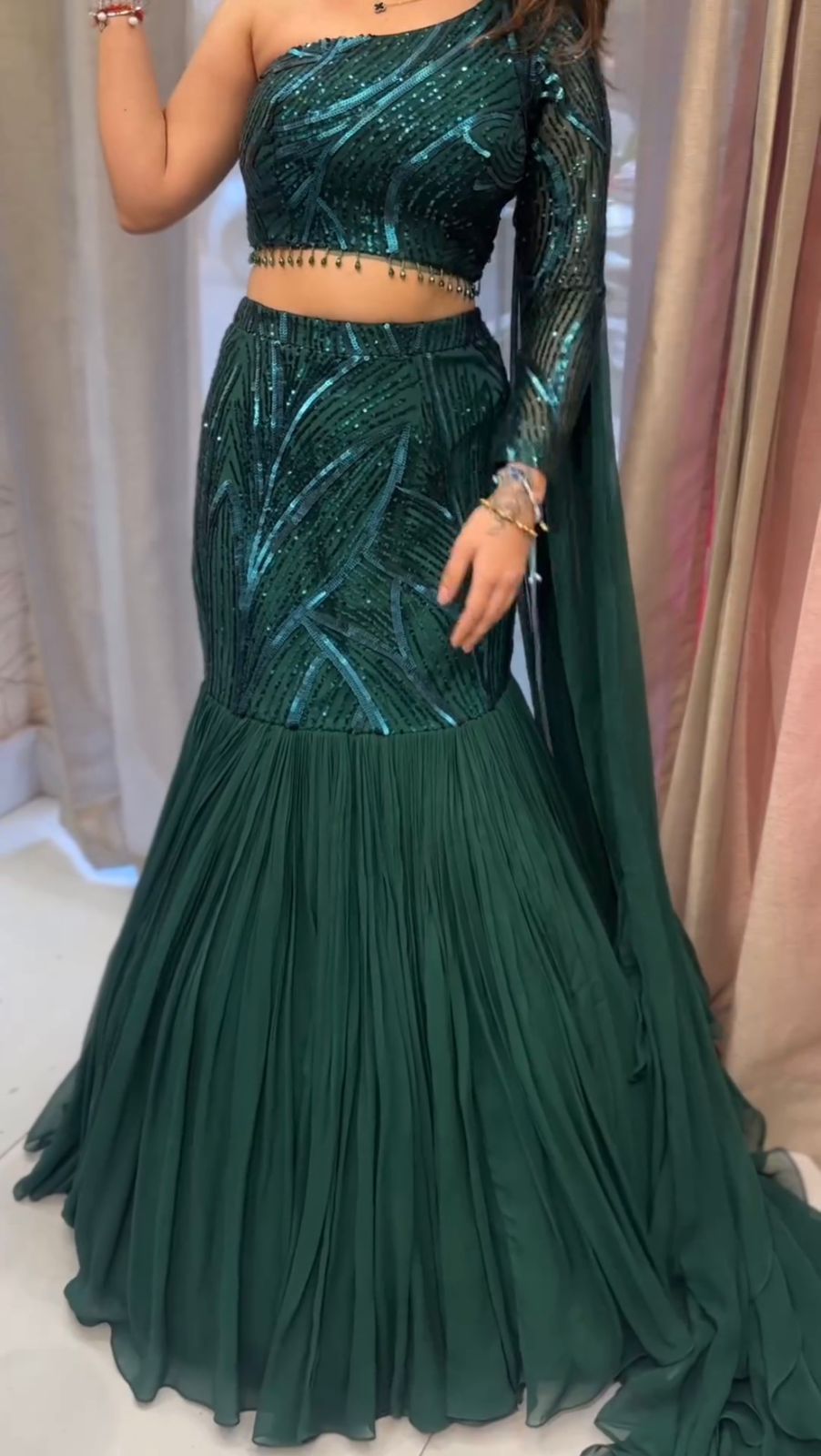 Bottle Green Sequence Work Lehenga With Dupatta Attach Blouse