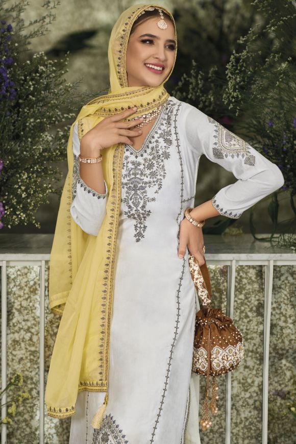 Delightful Embroidered Work White Color Anarkali Suit