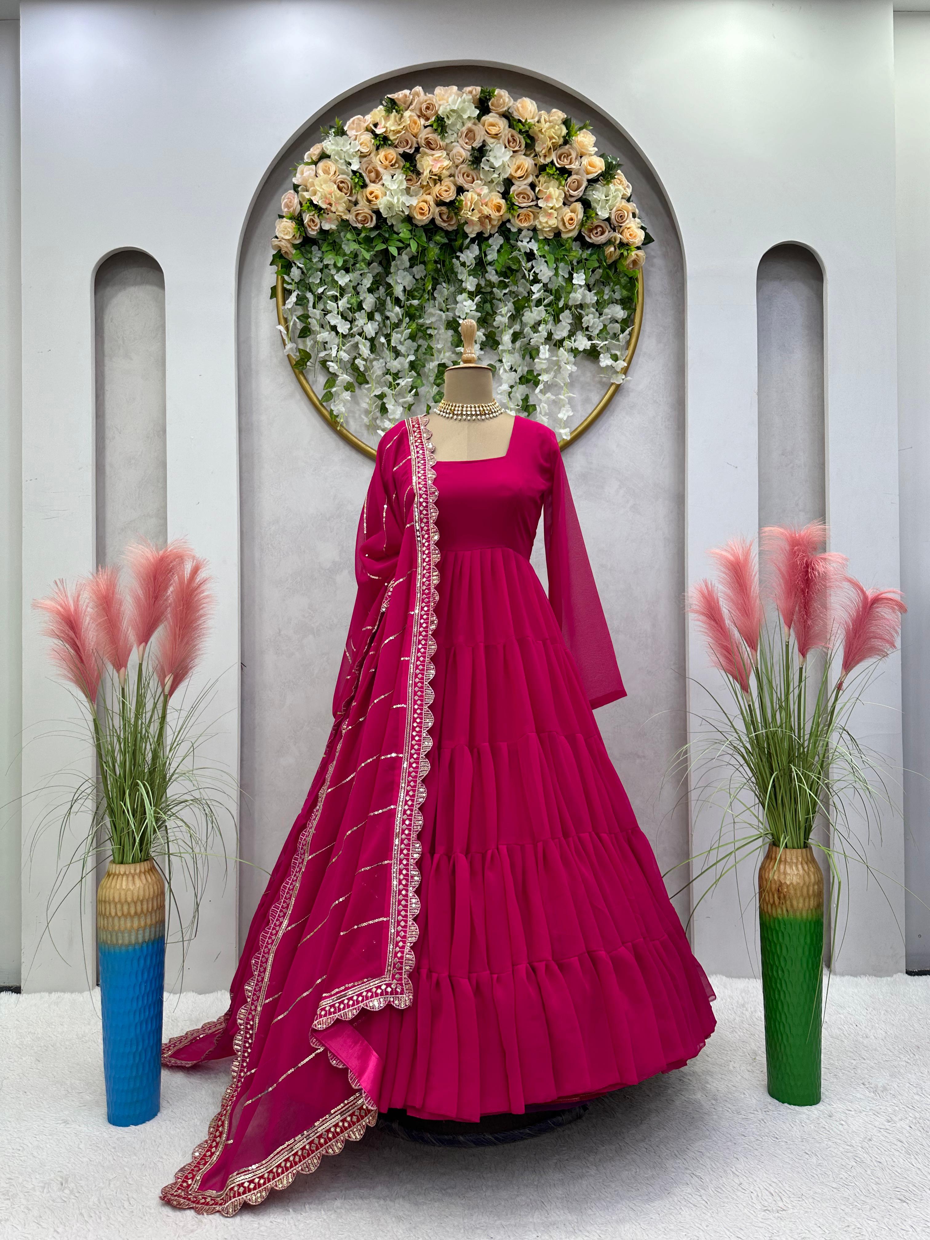 Fabulous Dark Pink Color Ruffle Gown With Work Dupatta