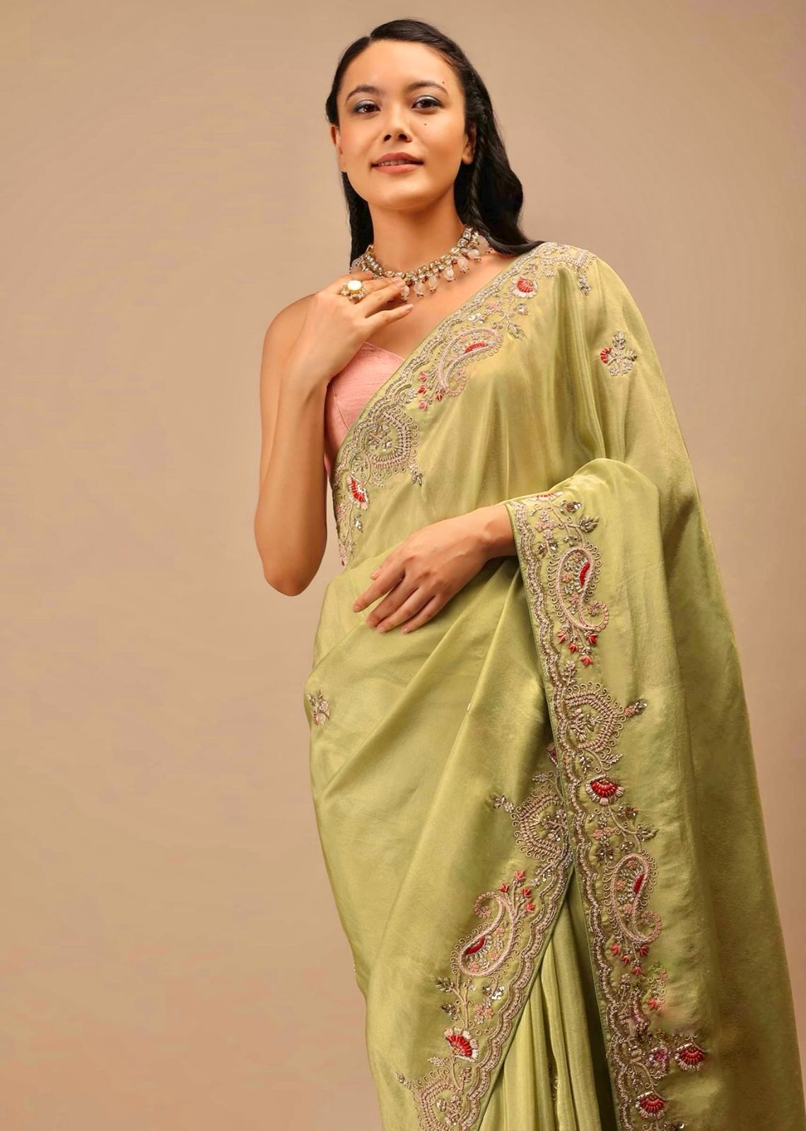 Captivating  Embroidery Work Perrot Saree