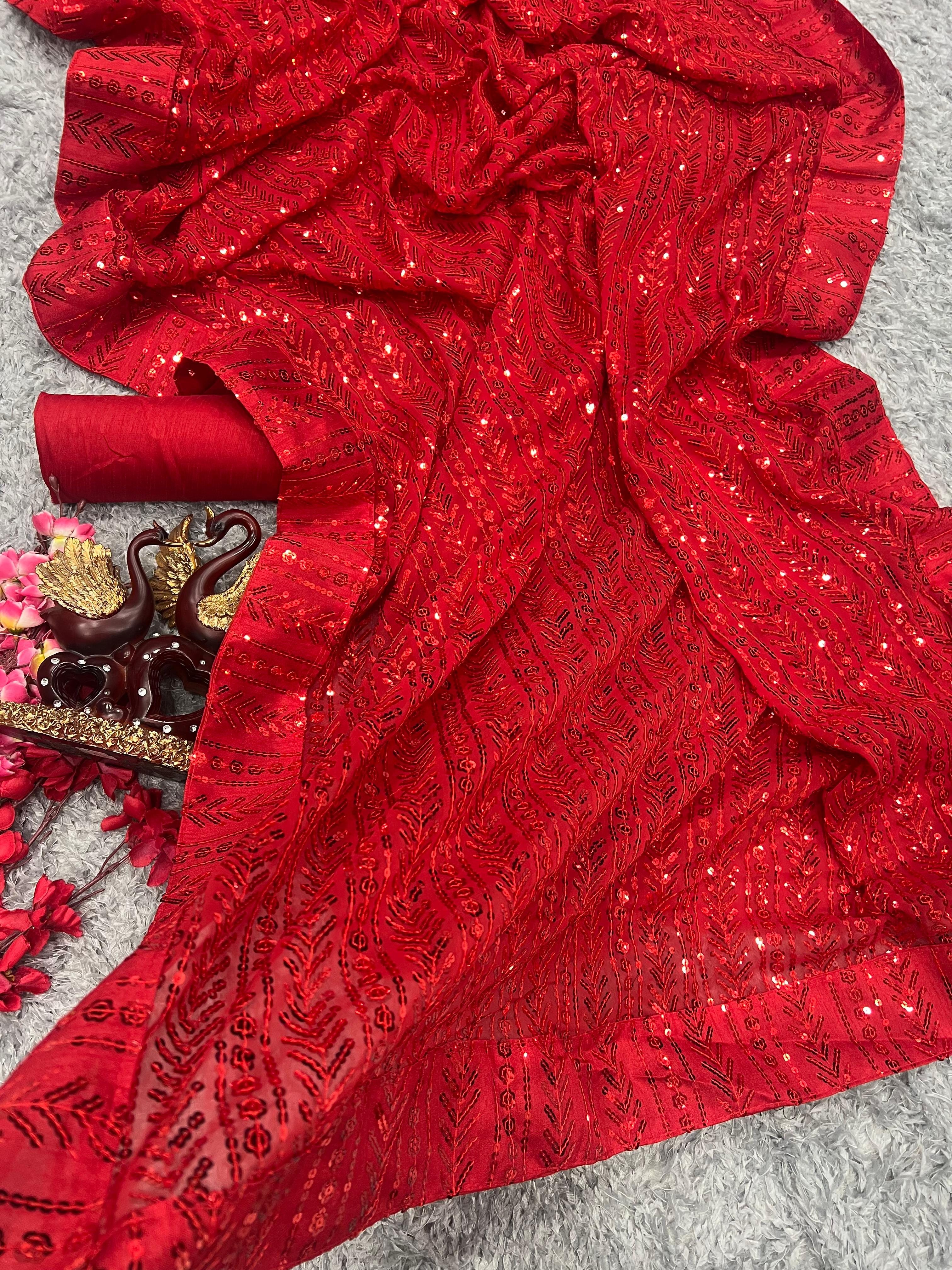 Beautiful Sequence Embroidery Work Red Color Saree