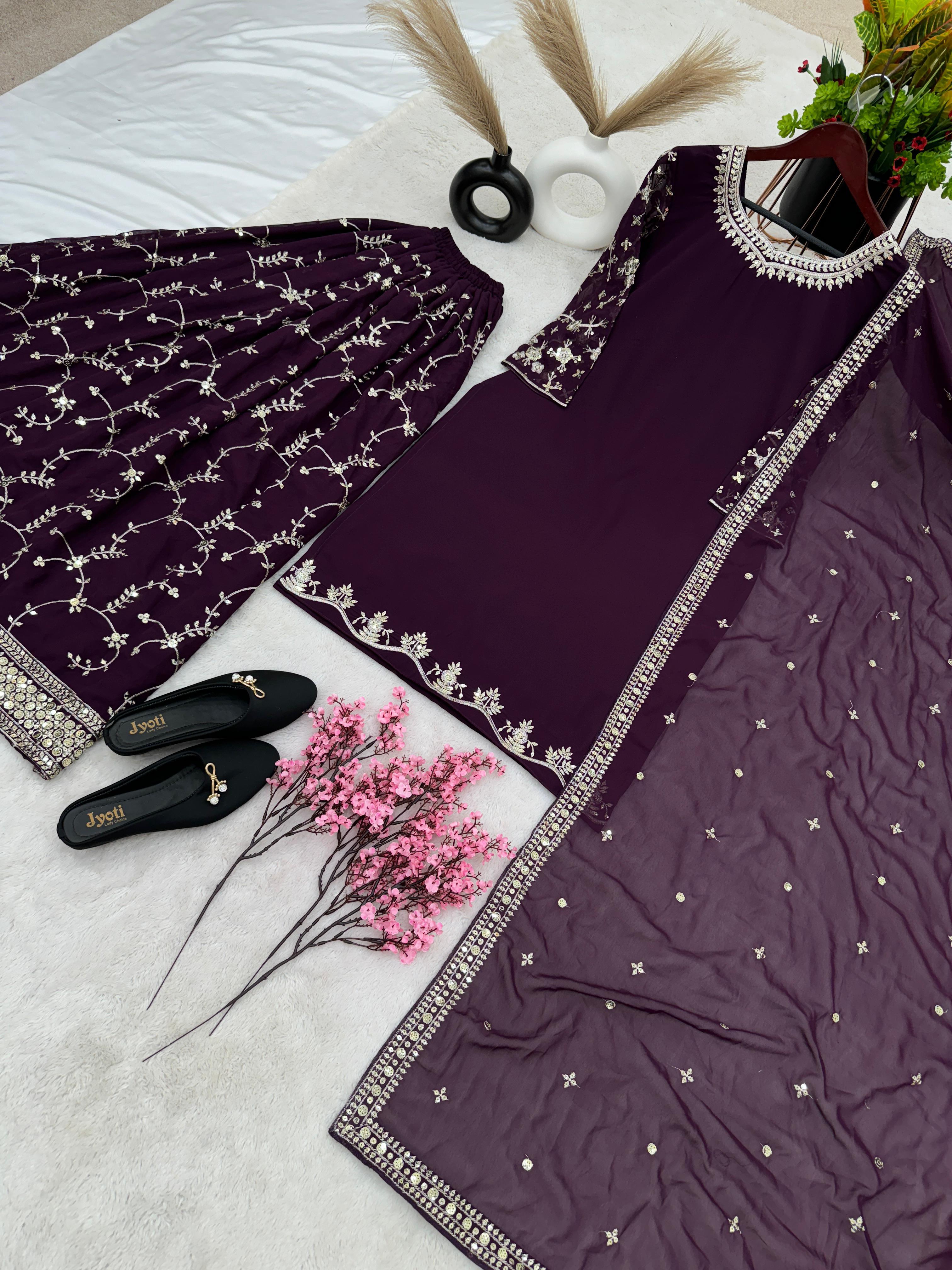 Fantastic Embroidery Sequence Work Purple Color Top With Plazzo Suit