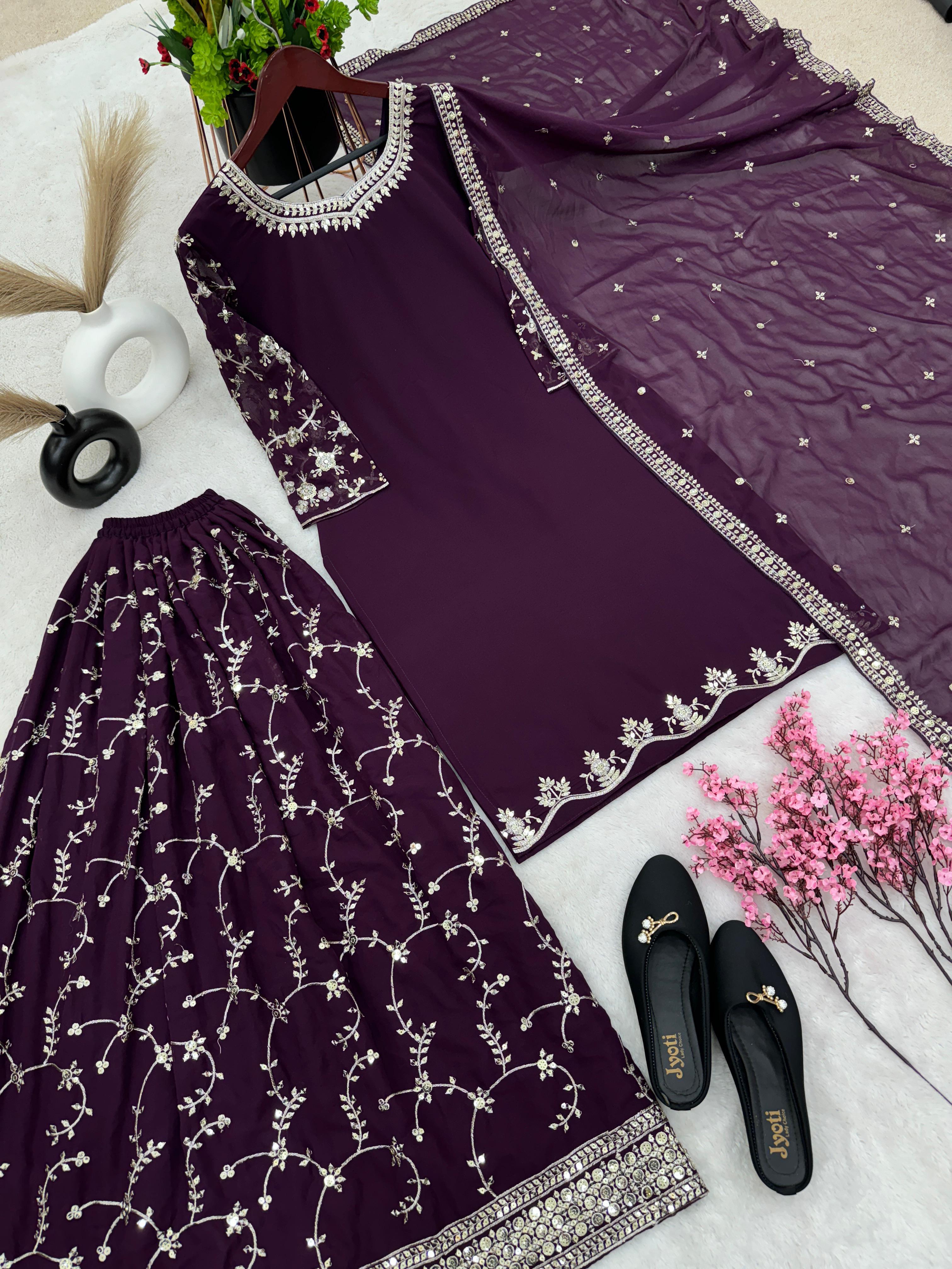 Fantastic Embroidery Sequence Work Purple Color Top With Plazzo Suit