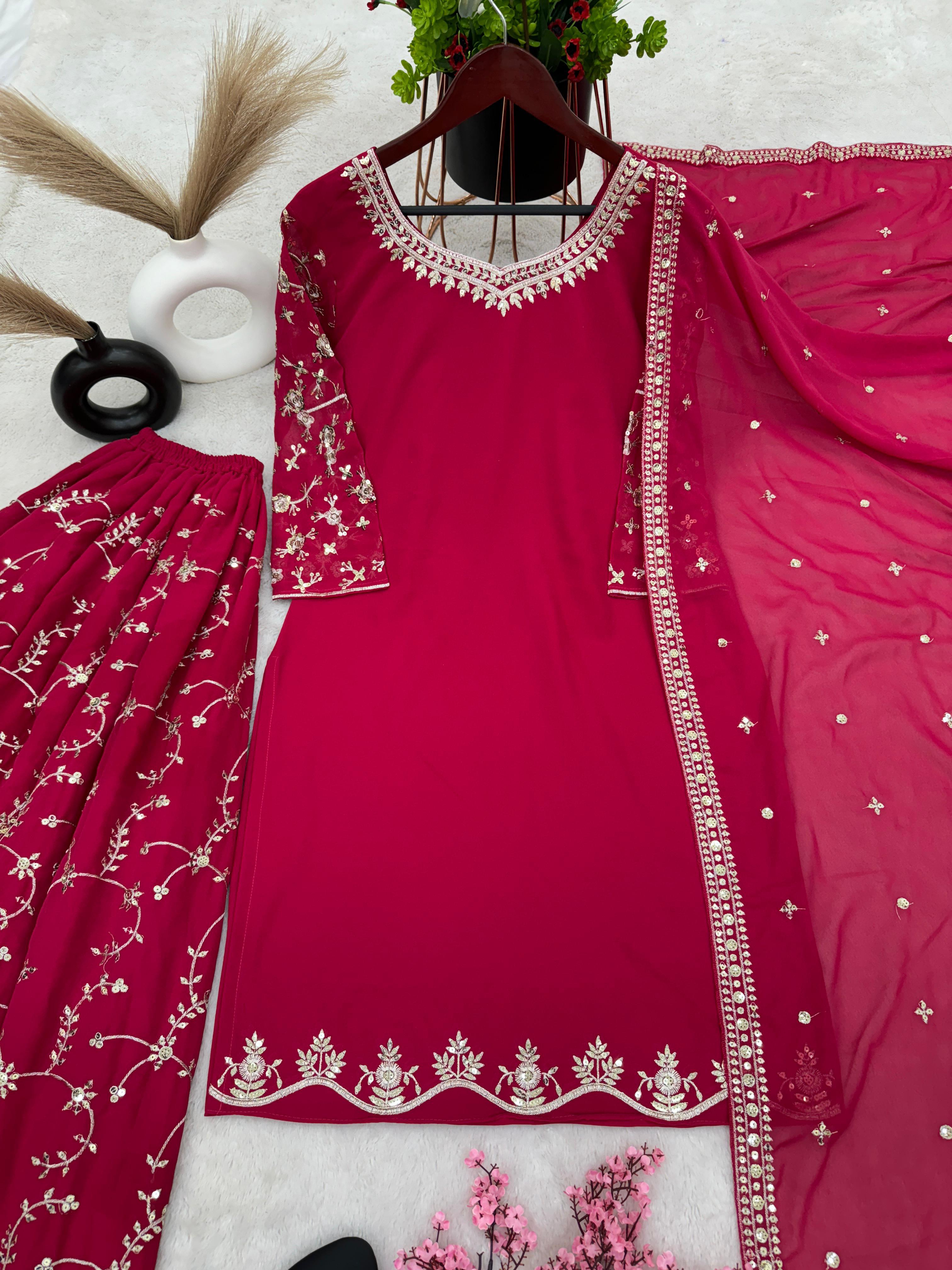 Fantastic Embroidery Sequence Work Pink Color Top With Plazzo Suit