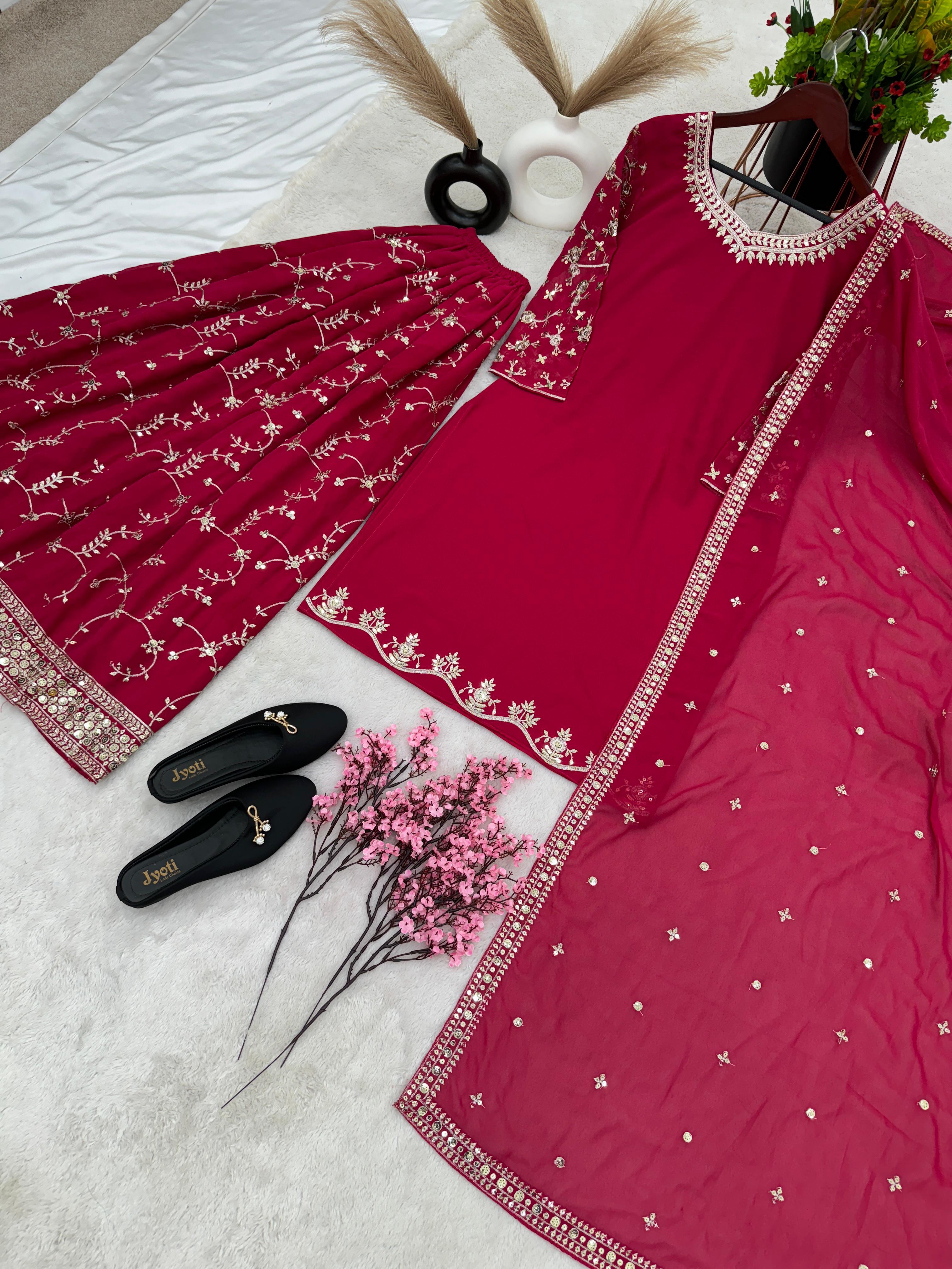 Fantastic Embroidery Sequence Work Pink Color Top With Plazzo Suit