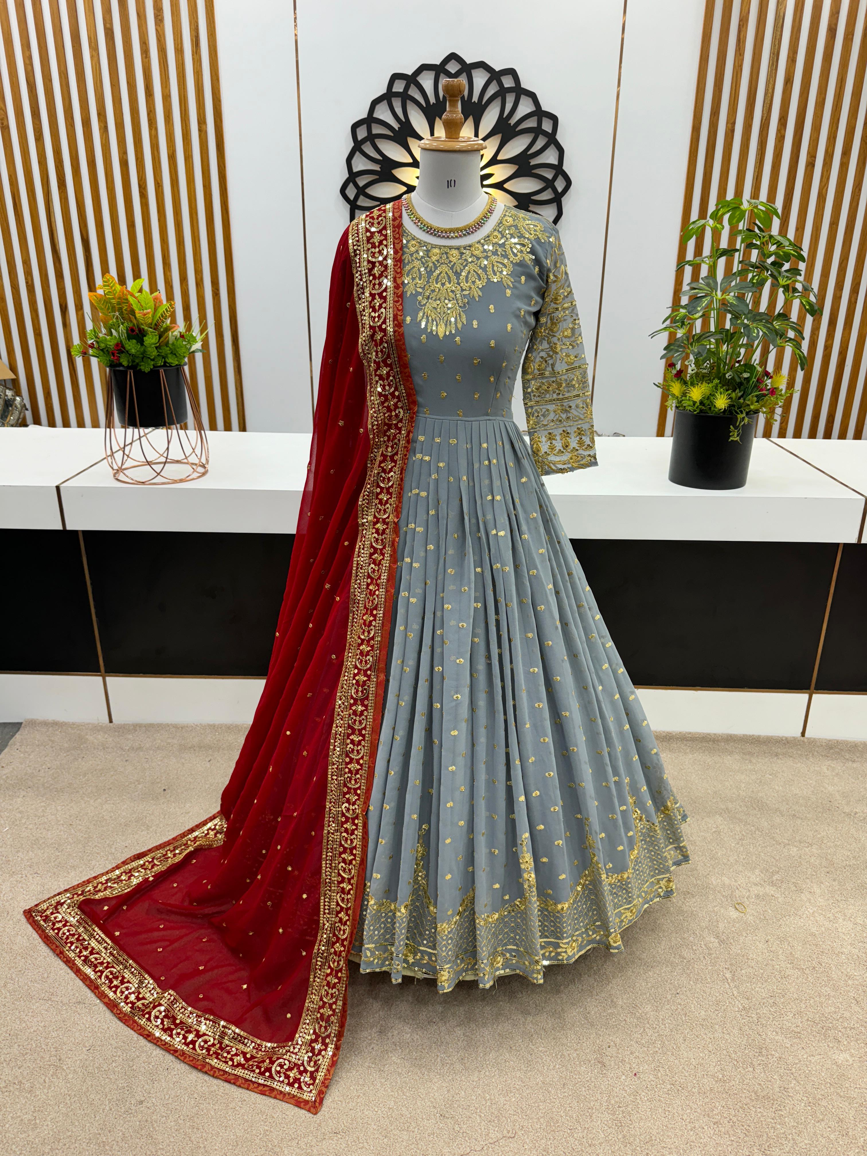 Glimmering  Embroidery Sequence Work Grey Color Gown