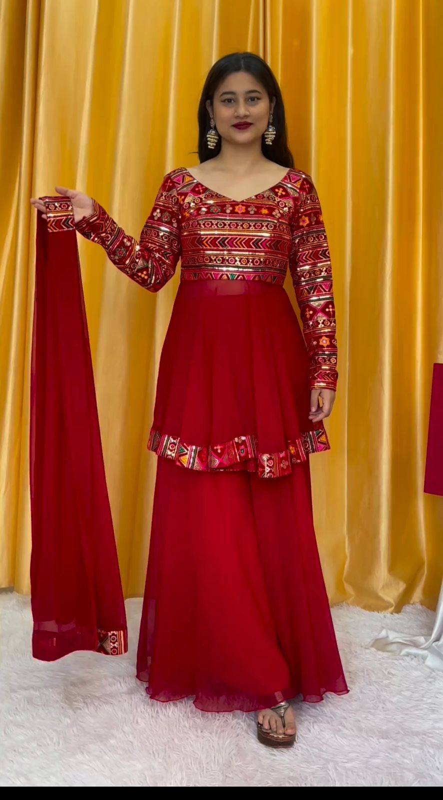 Amazing Red Color Thread Sequence Work Sharara Suit