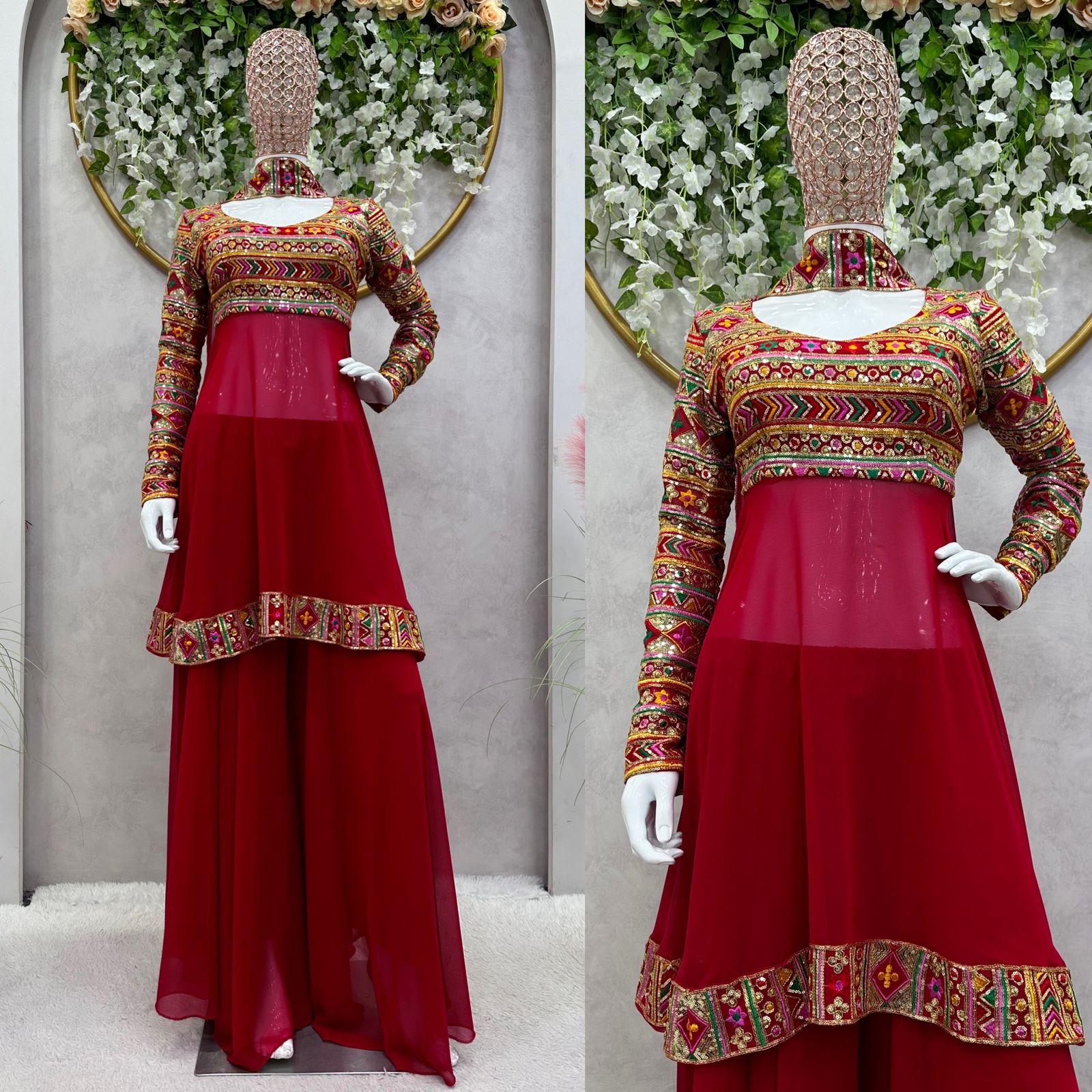 Amazing Red Color Thread Sequence Work Sharara Suit