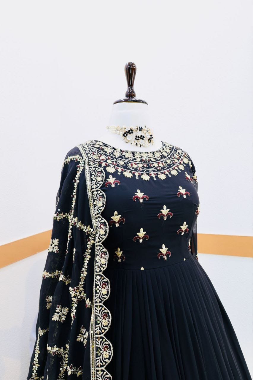 Fabulous Sequence Embroidery Work Black Color Gown