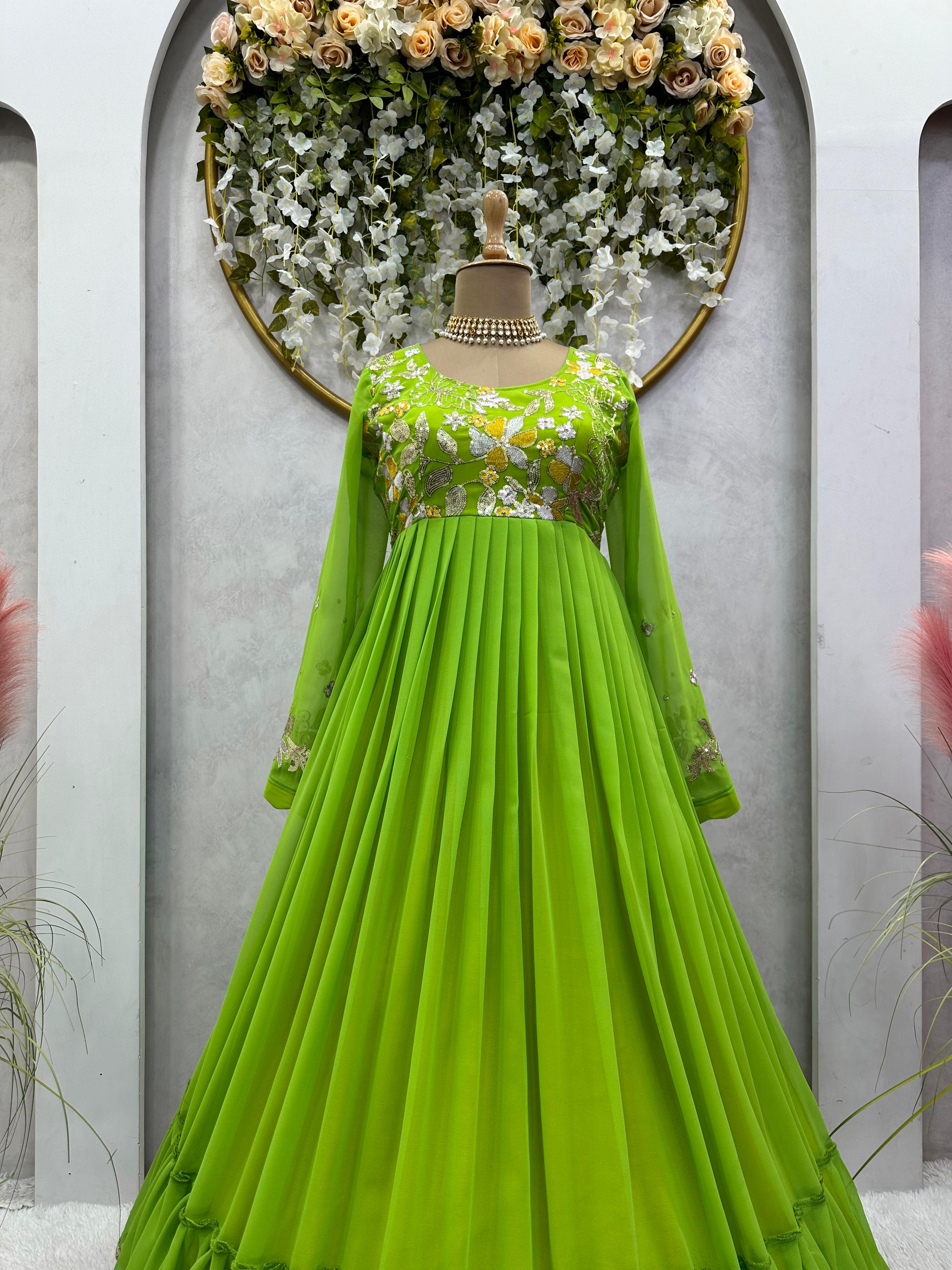 Luxuriant Thread Work Parrot Green Color Ruffle Gown