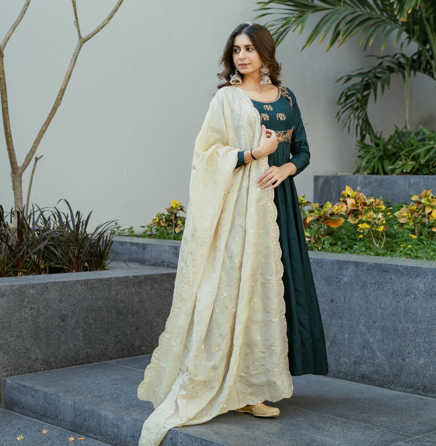 Kinjal Dave Wear Teal Blue Color Gown With Dupatta