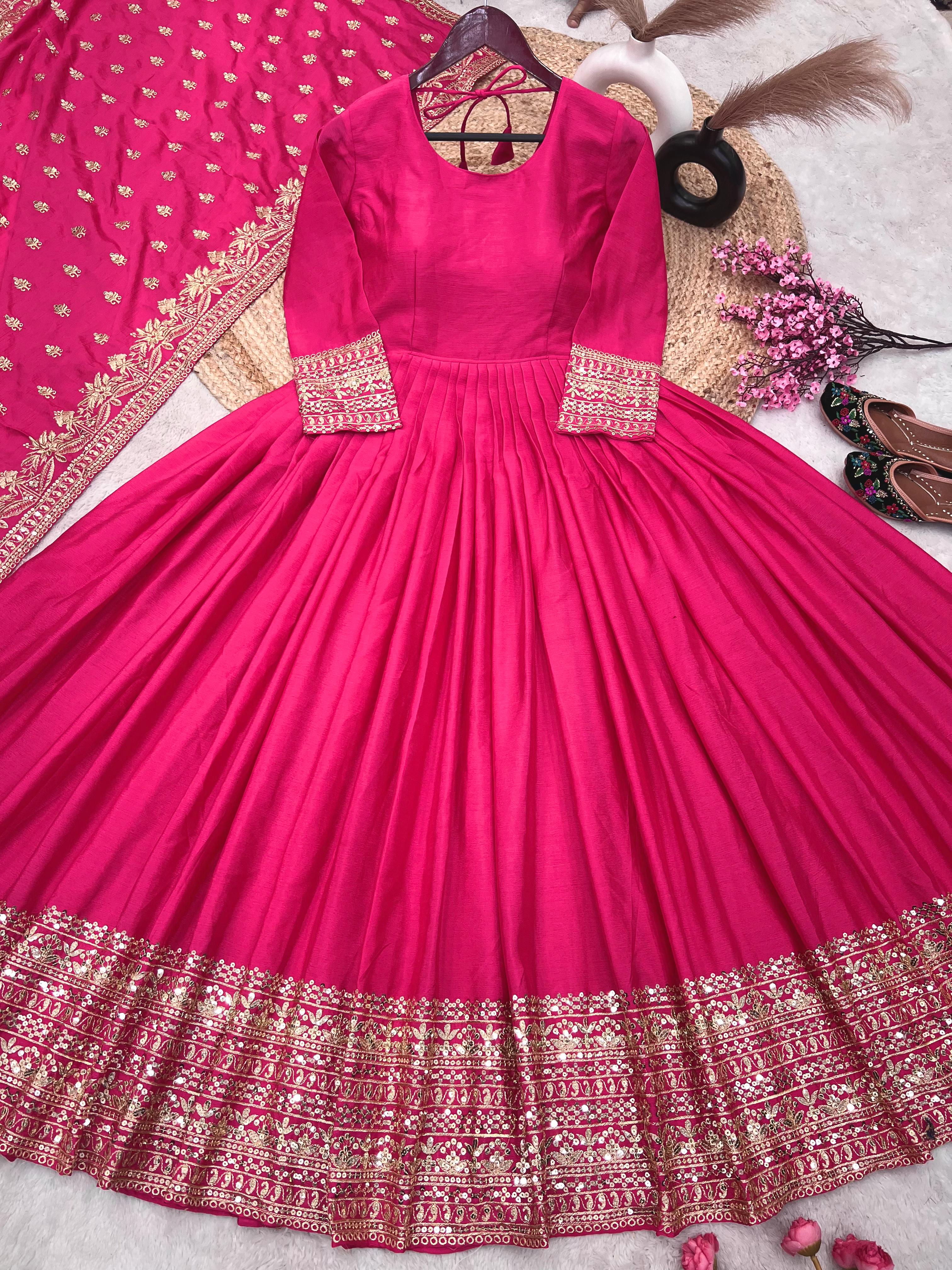 Shining  Embroidery Sequence Work Pink Color Gown