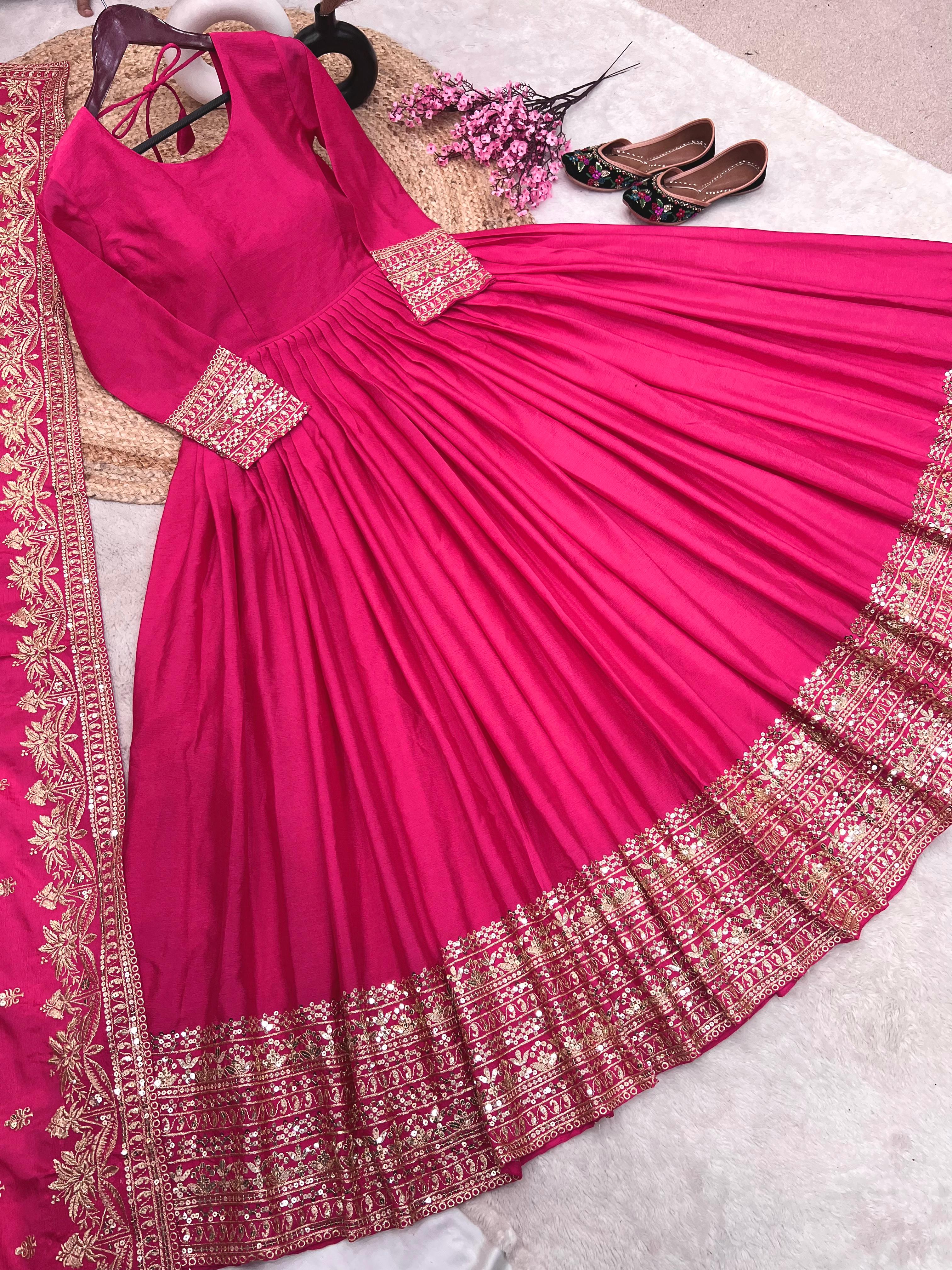 Shining  Embroidery Sequence Work Pink Color Gown