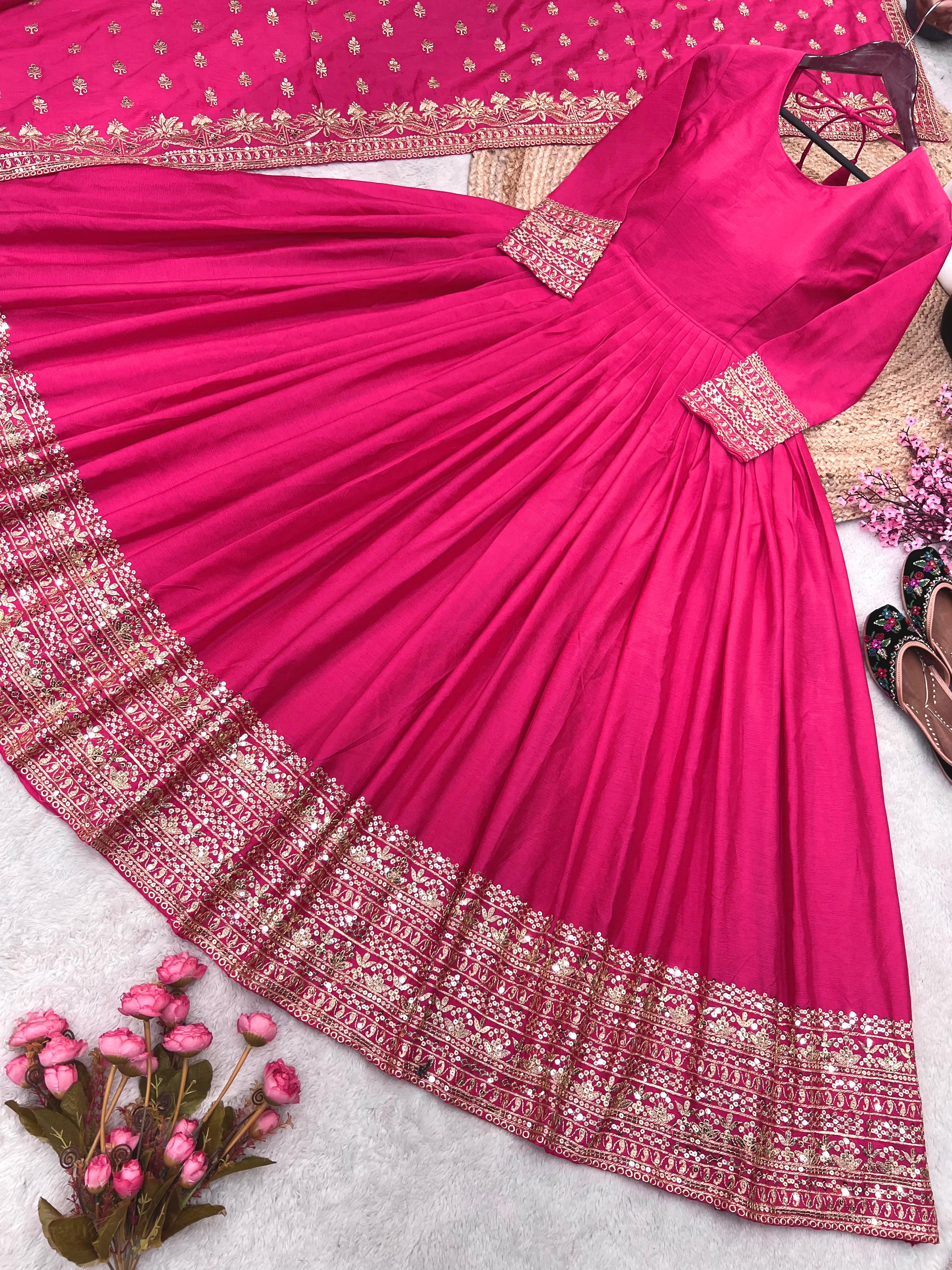 Shining  Embroidery Sequence Work Pink Color Gown