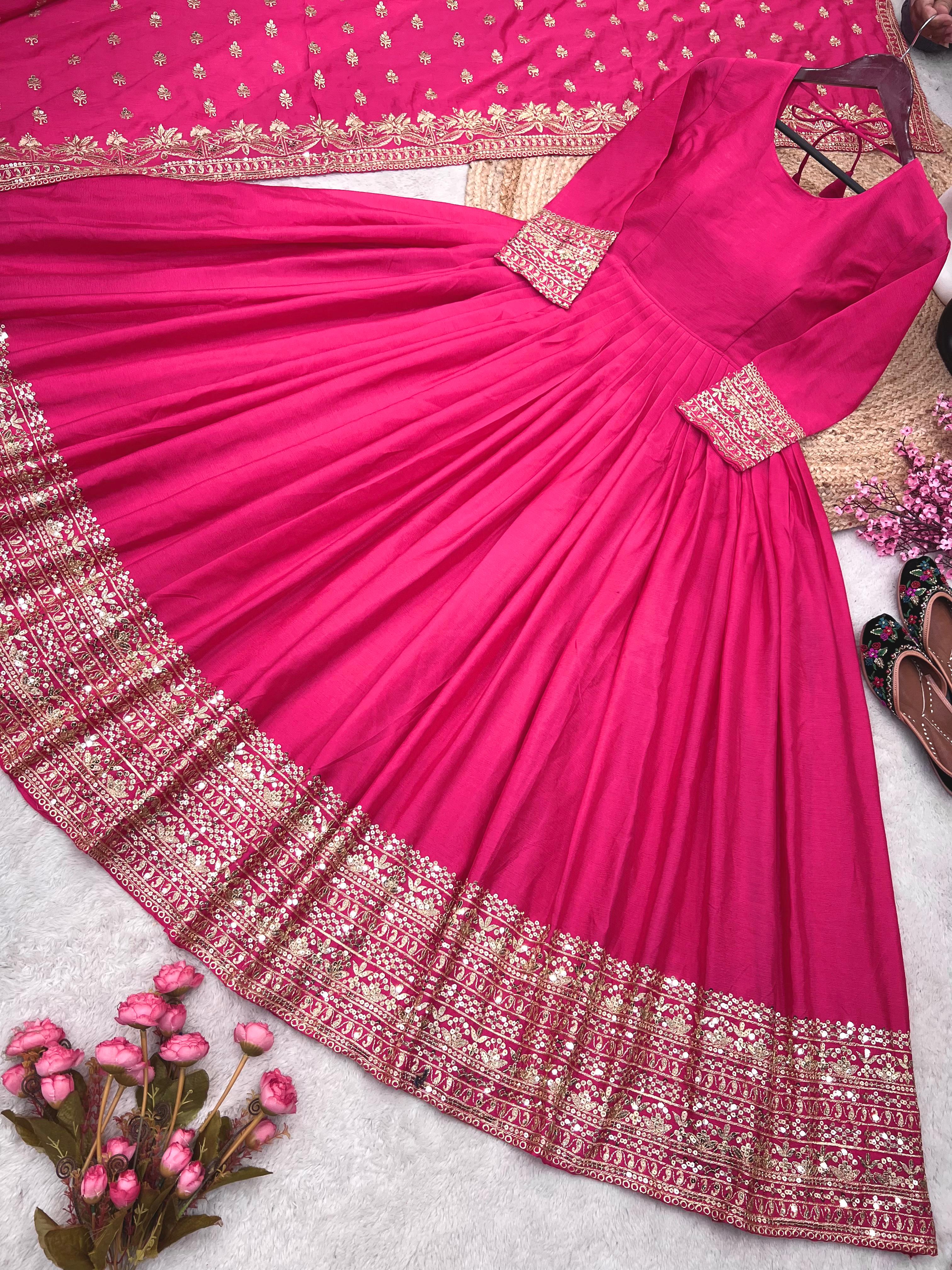 Shining  Embroidery Sequence Work Pink Color Gown