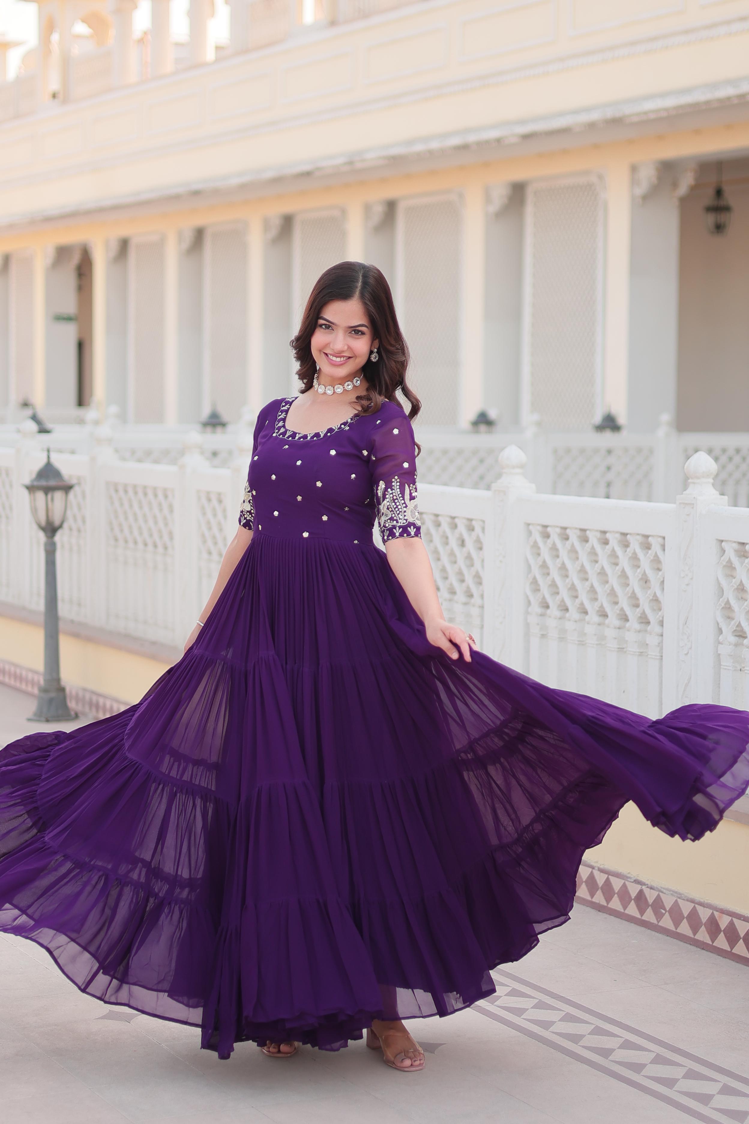 Wonderful Purple Color Zari Thread Sequence Work Gown