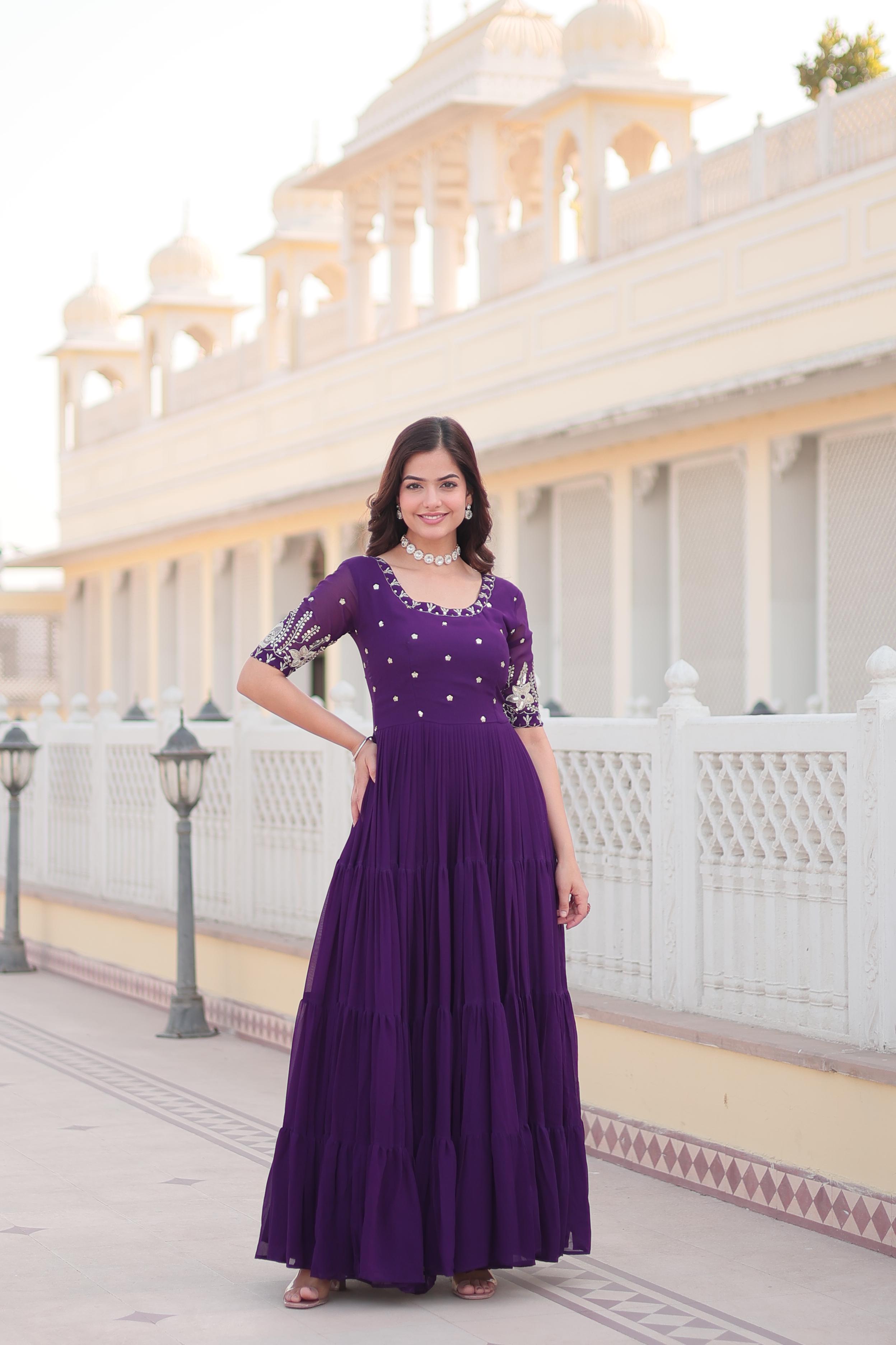 Wonderful Purple Color Zari Thread Sequence Work Gown