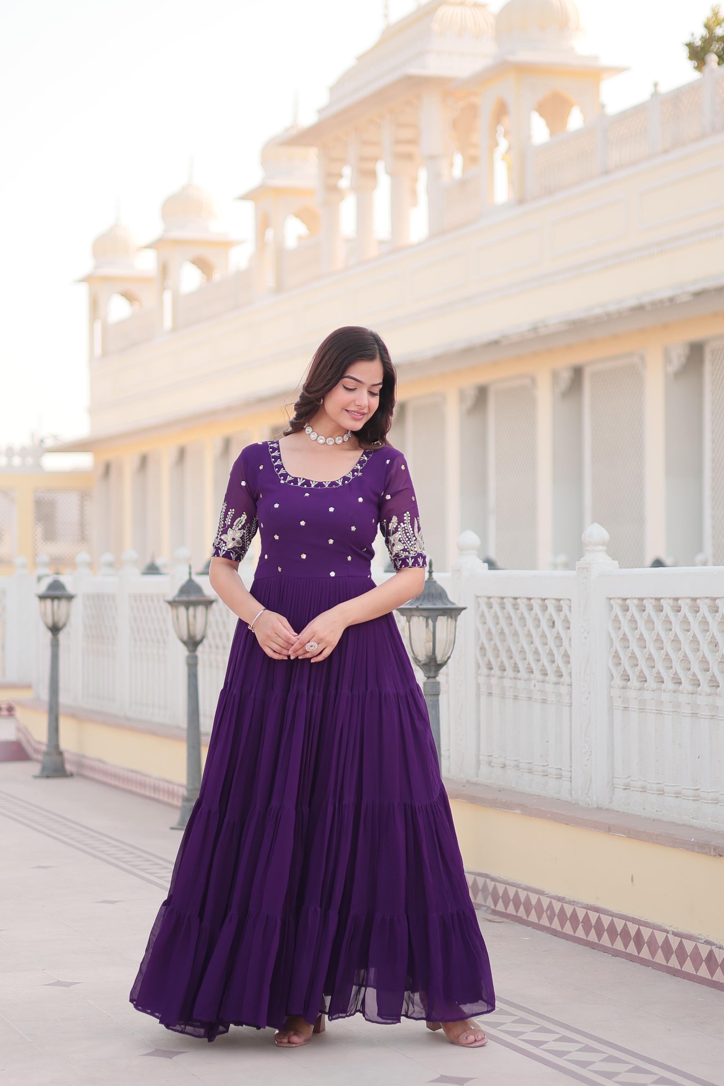 Wonderful Purple Color Zari Thread Sequence Work Gown