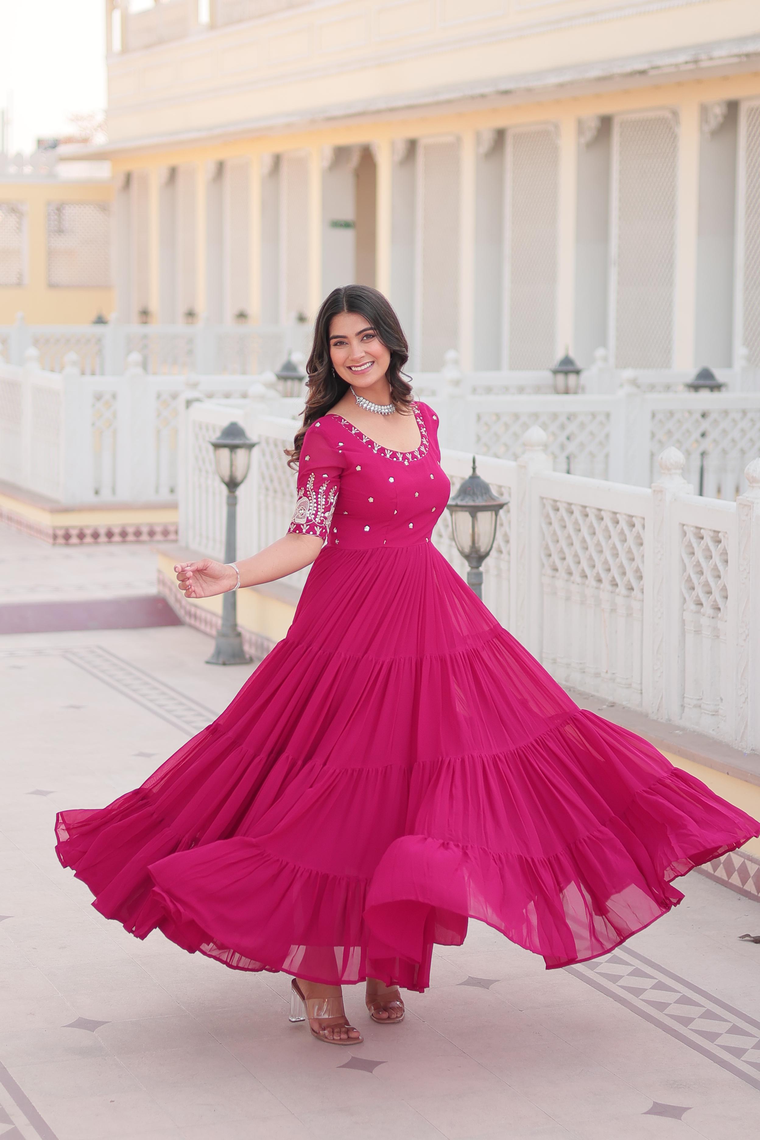 Wonderful Pink Color Zari Thread Sequence Work Gown