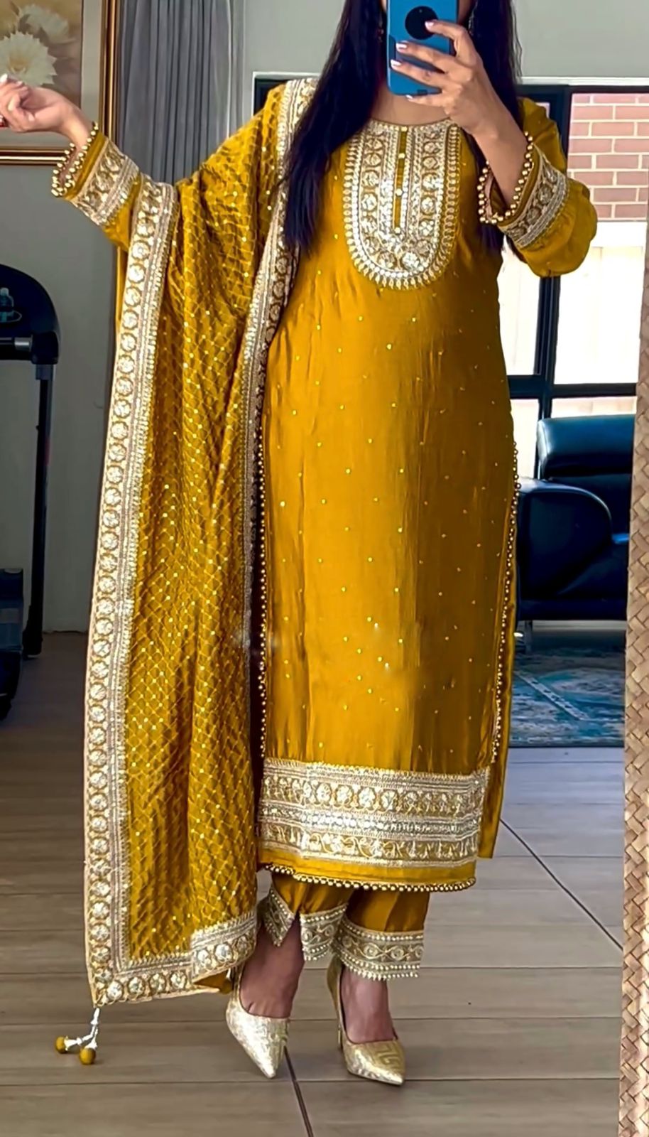 Pretty Mustard Color Embroidery Pearls Work Salwar Suit