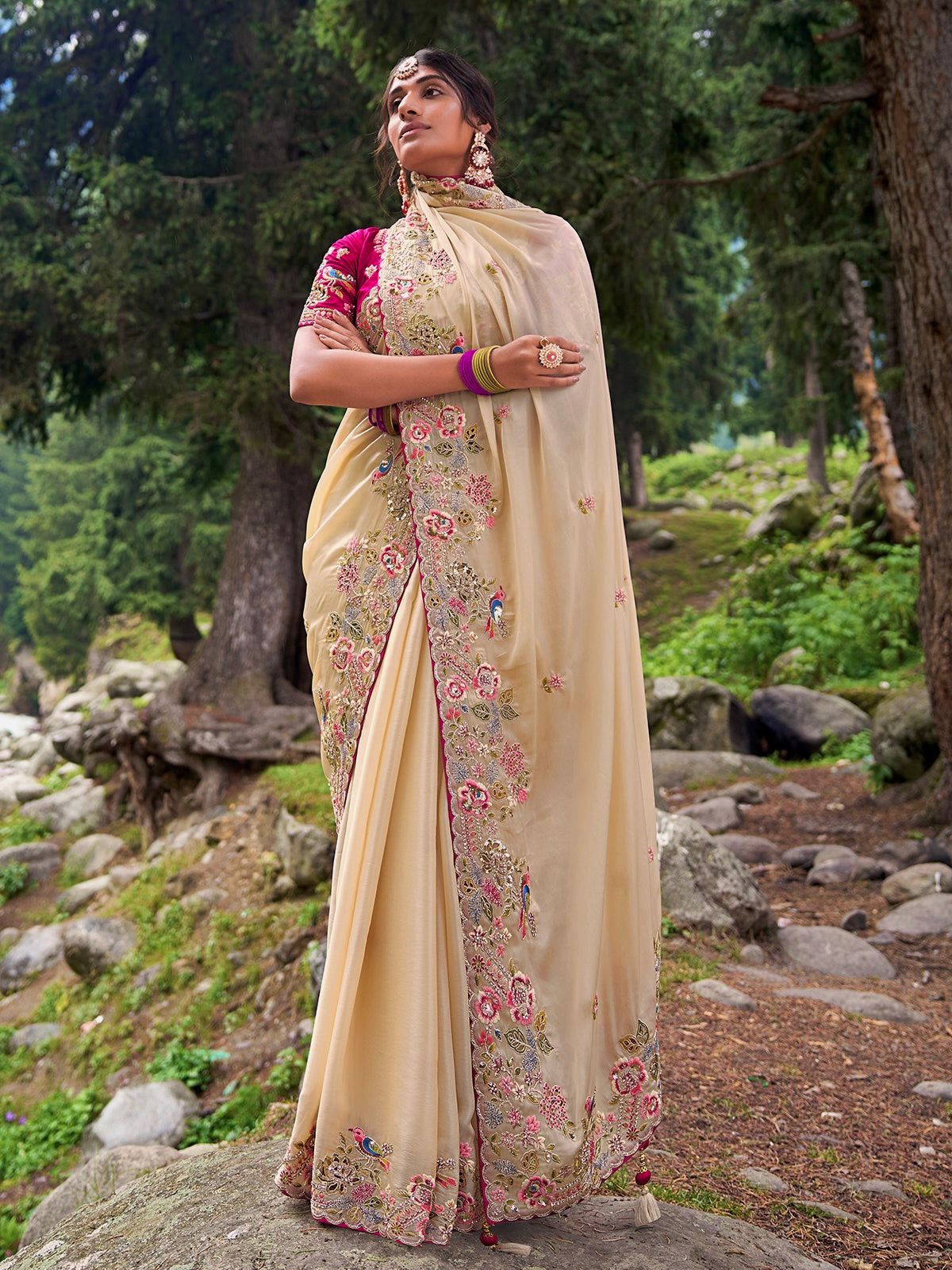 Captivating Embroidery Multi Treads Pink Color Saree