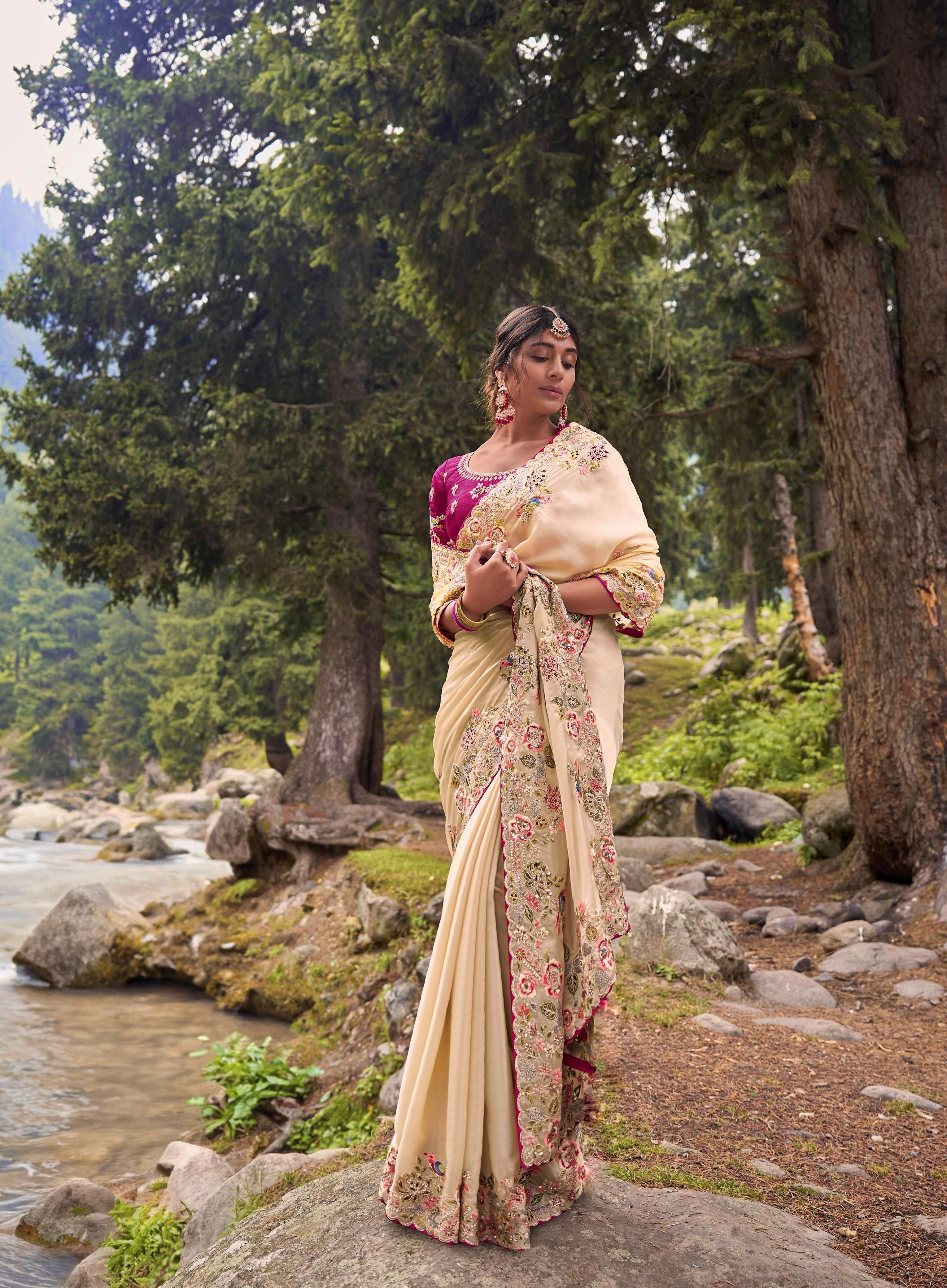 Captivating Embroidery Multi Treads Pink Color Saree