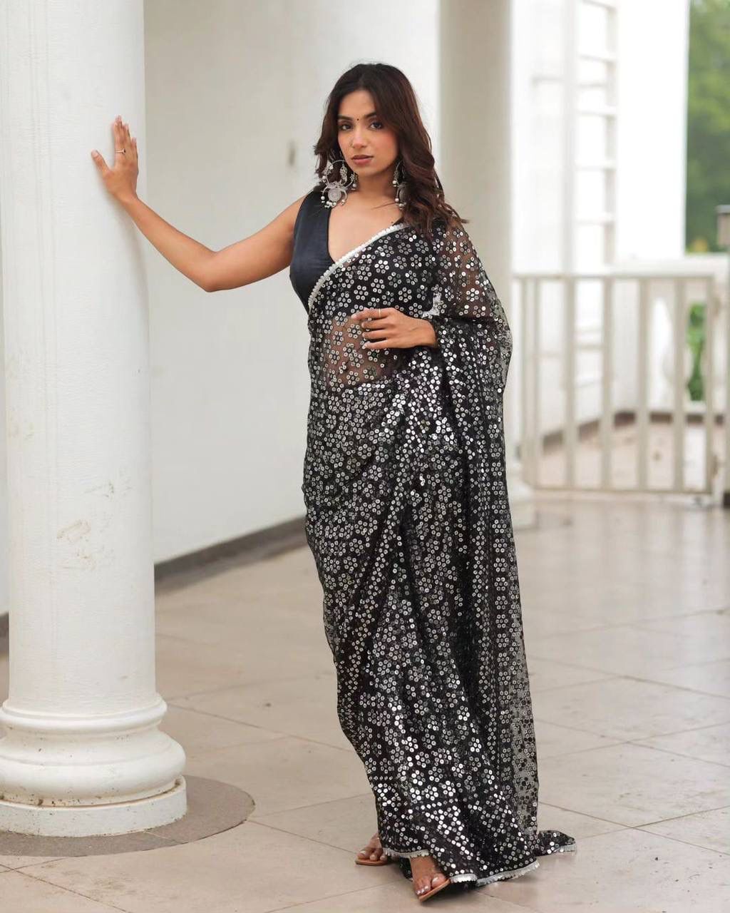 Ravishing Sequence Work Black Color Saree