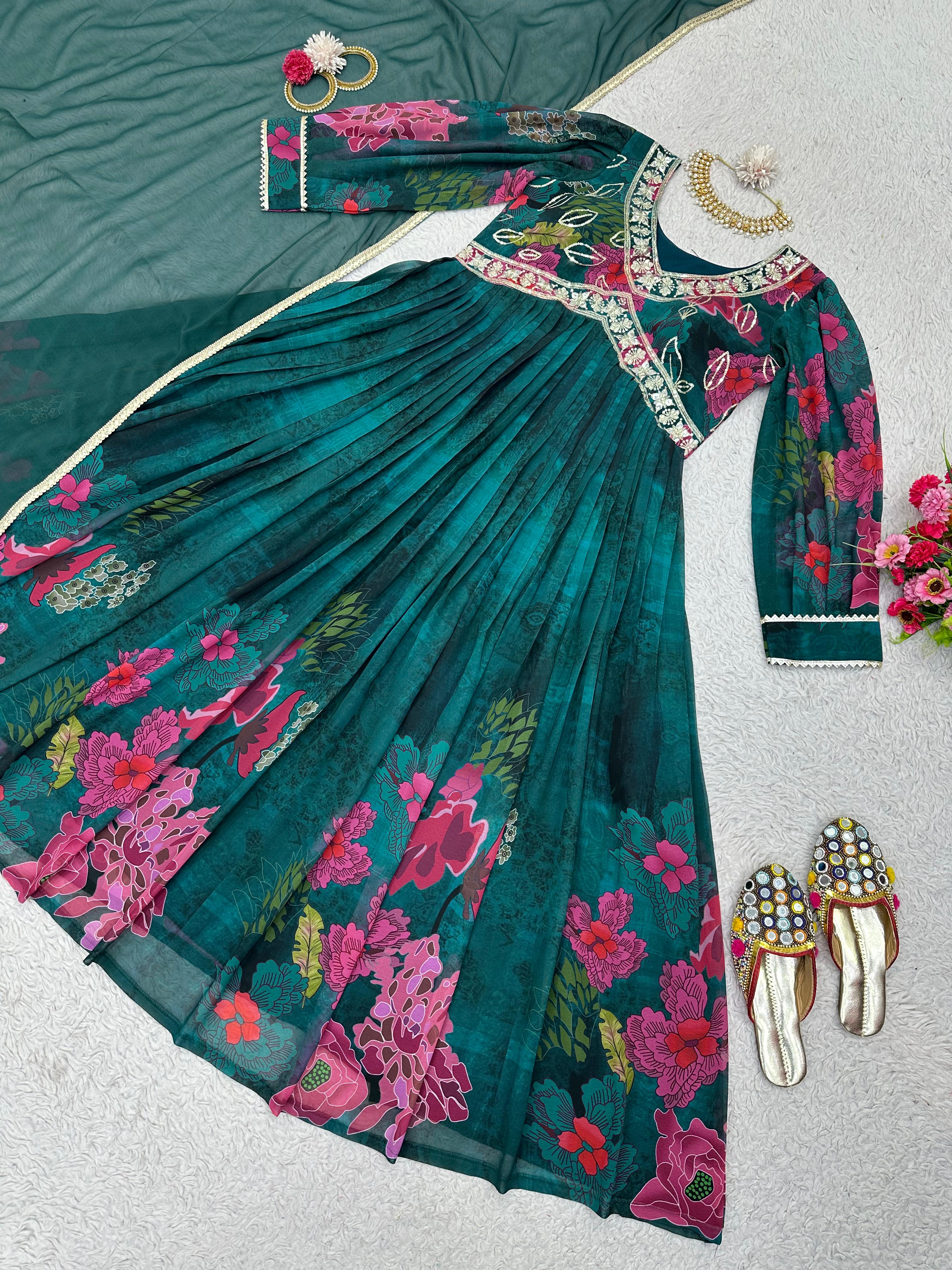 Terrific Digital Print Teal Blue Color Gown