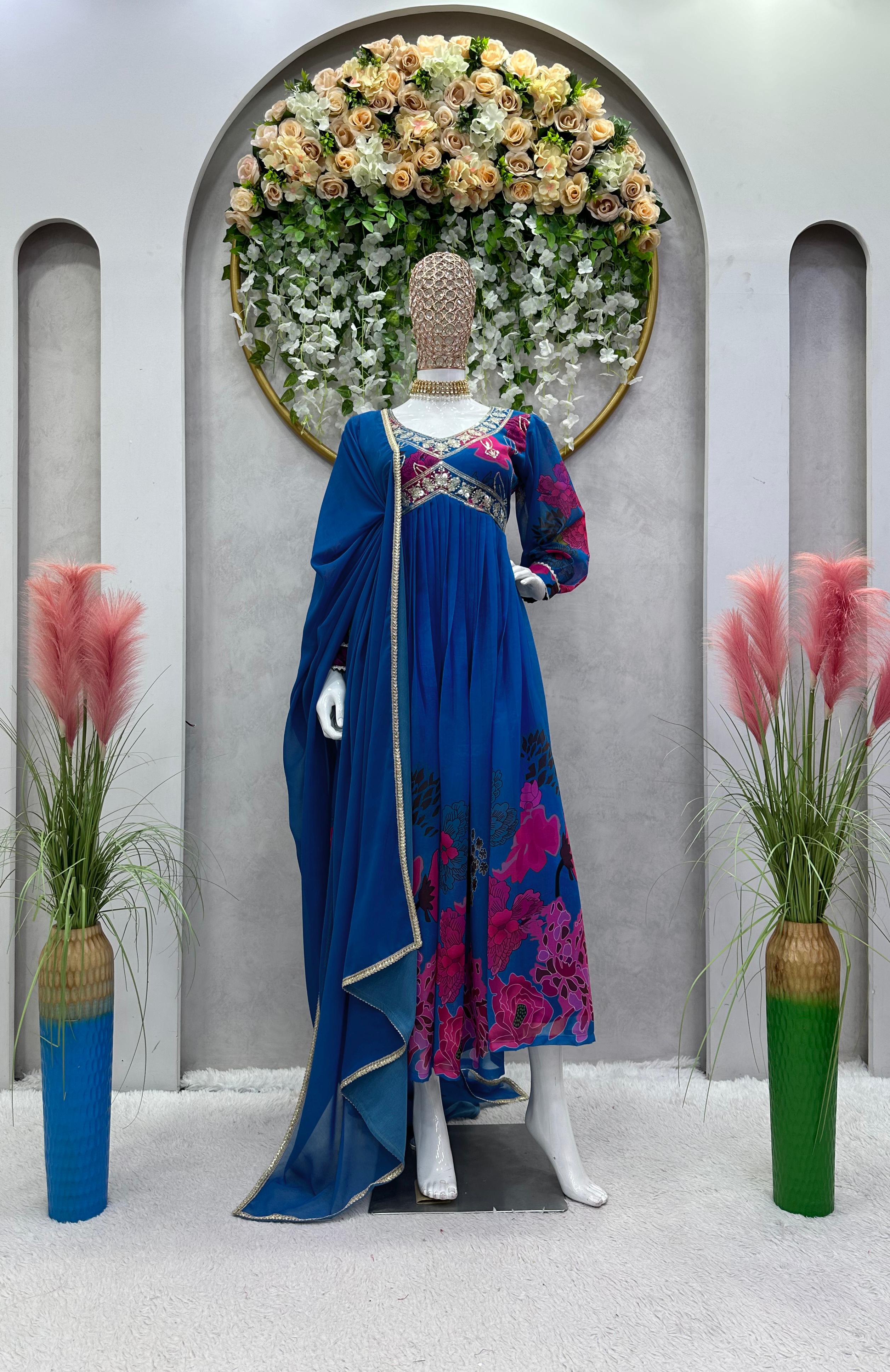 Terrific Digital Print Blue Color Gown