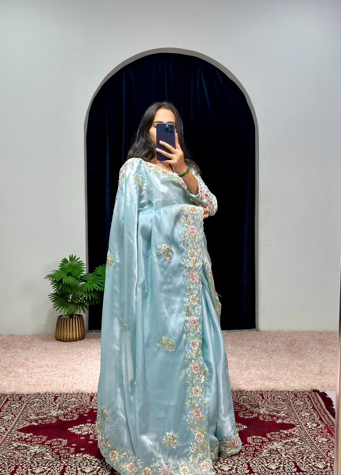 Marvelous Thread Work Sky Blue Color Saree