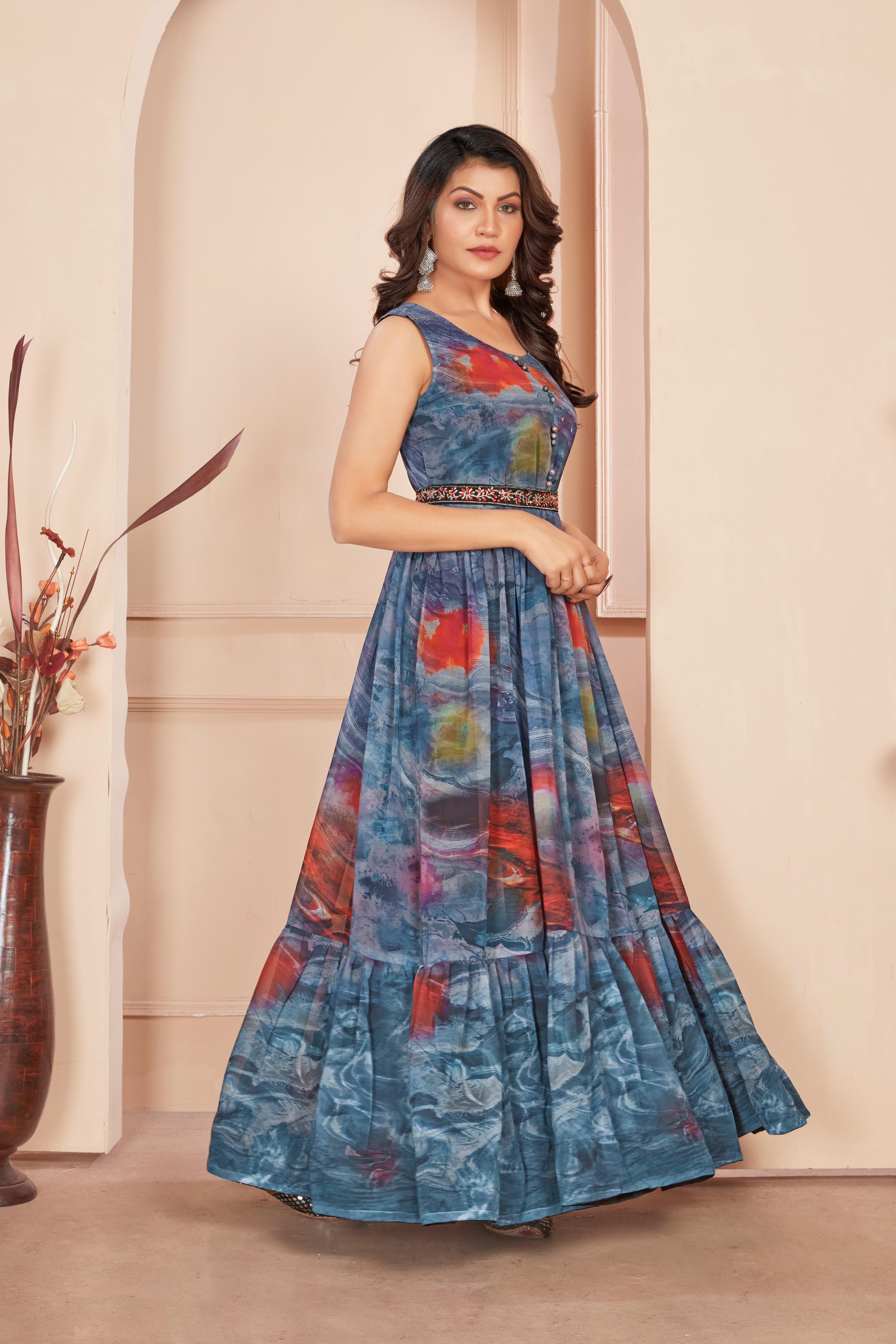 Gray Color Digital Printed Gown With Waist Belt