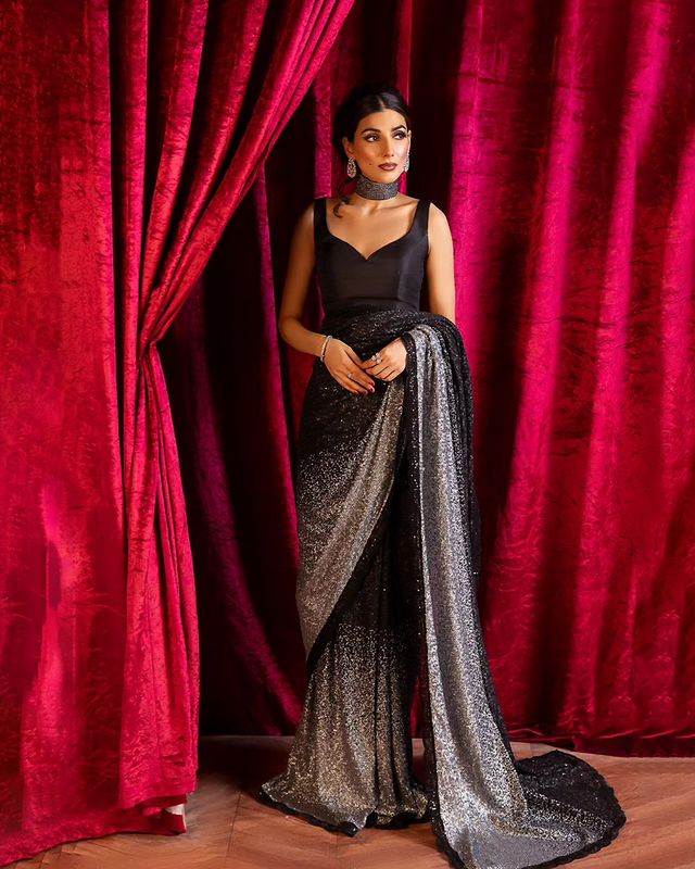 Demanding Sequence Embroidery Work Black Color Saree